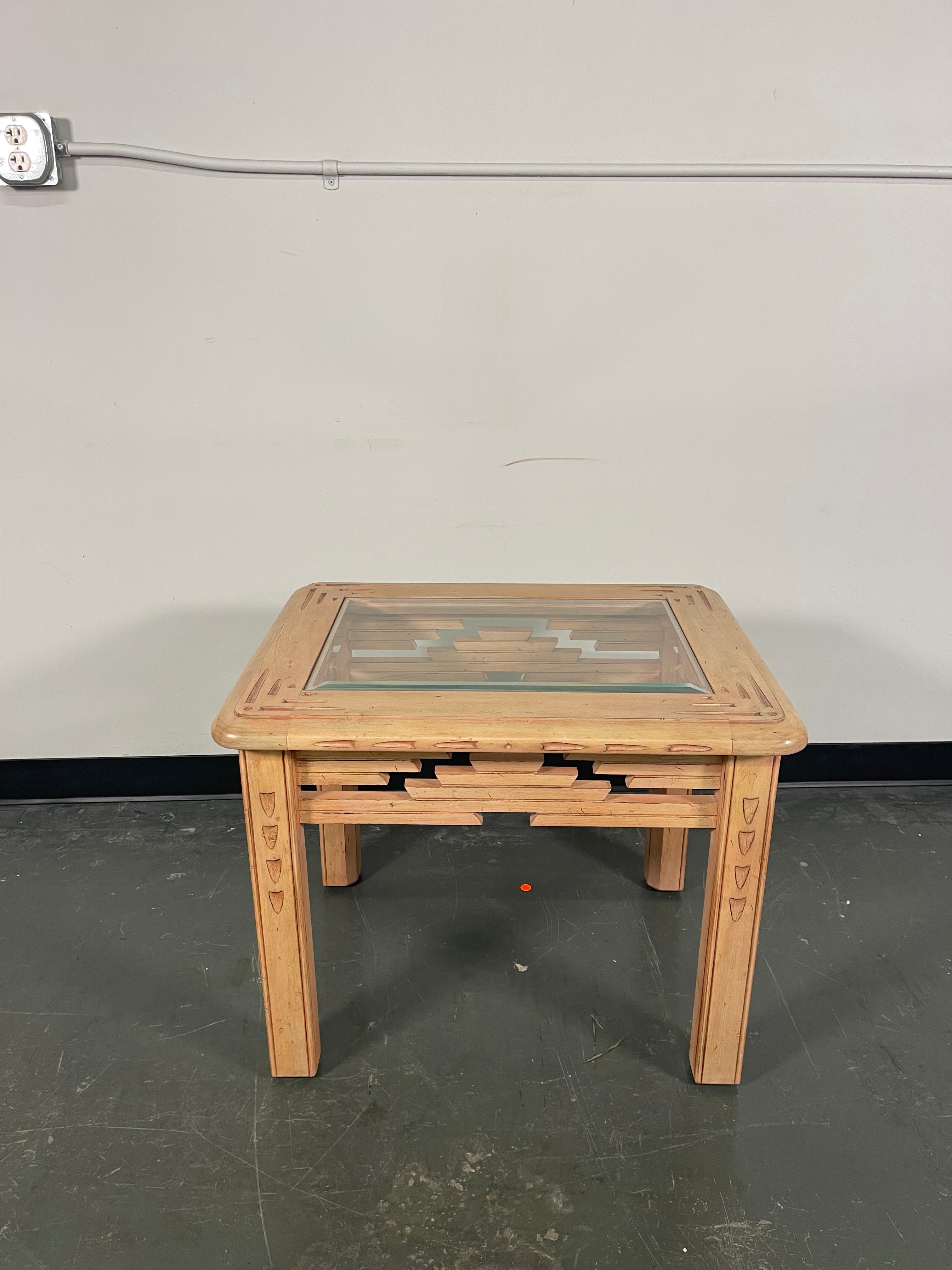 Southwest Carved End Table with Beveled Glass Top