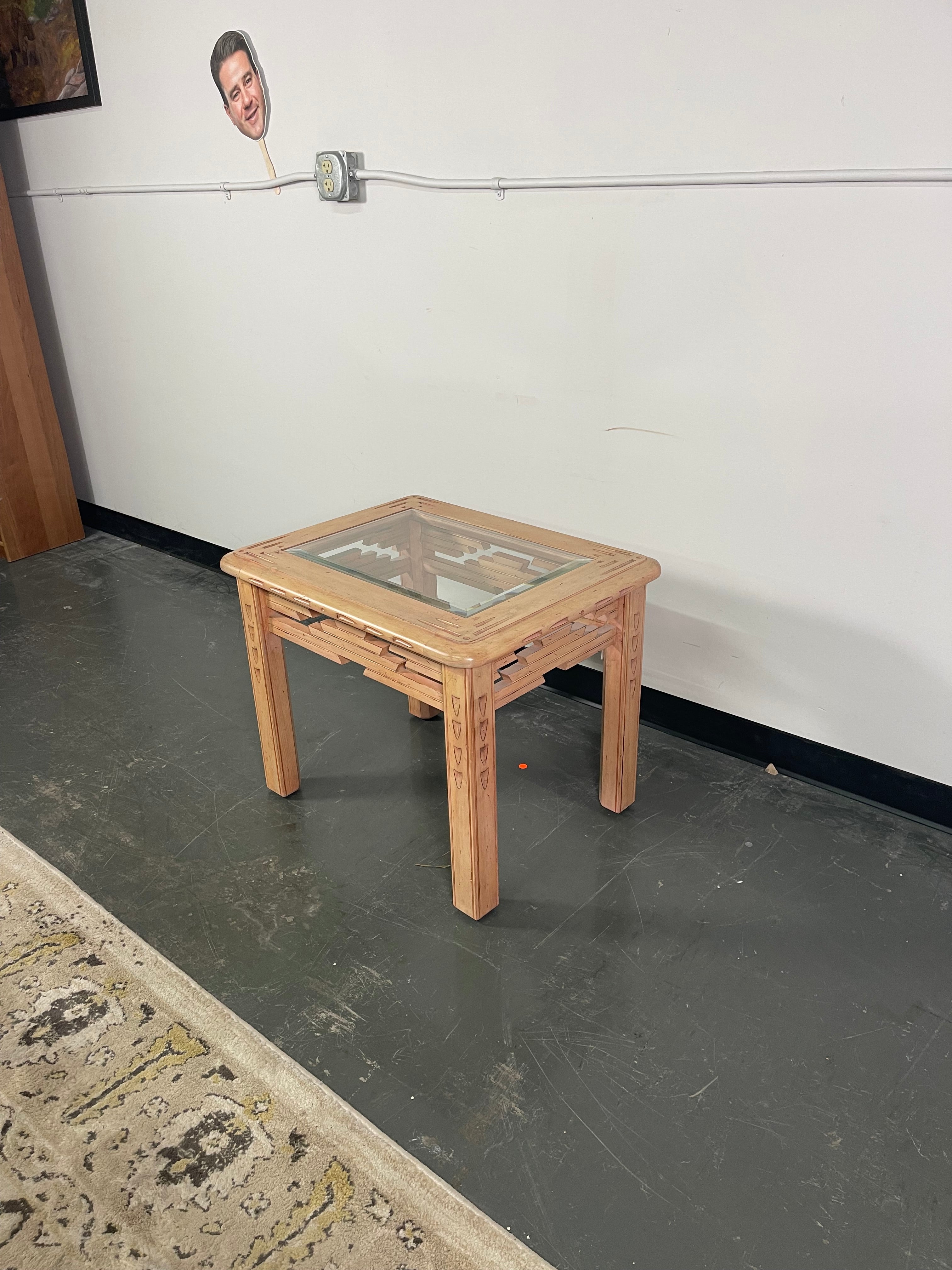 Southwest Carved End Table with Beveled Glass Top