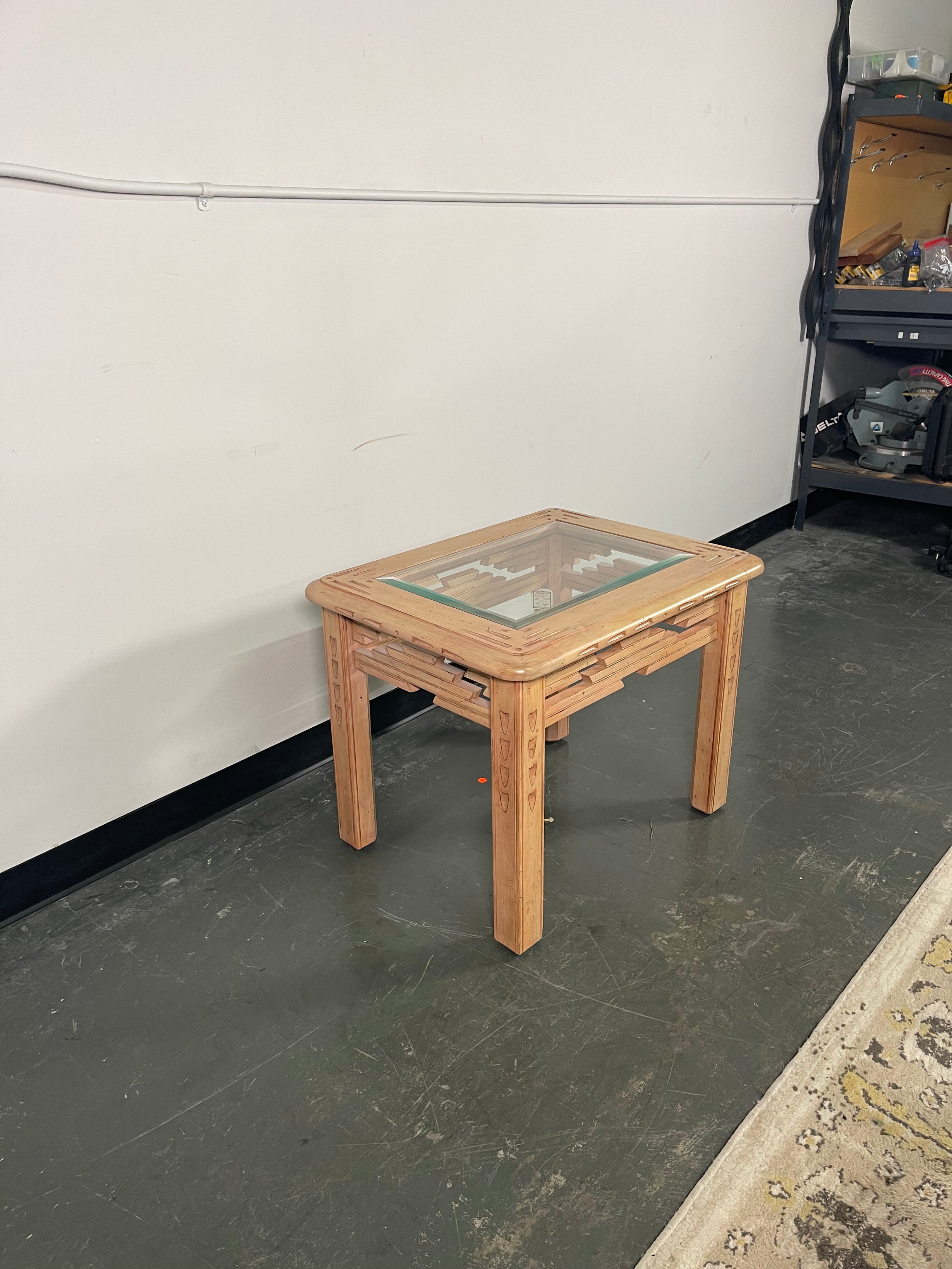 Southwest Carved End Table with Beveled Glass Top