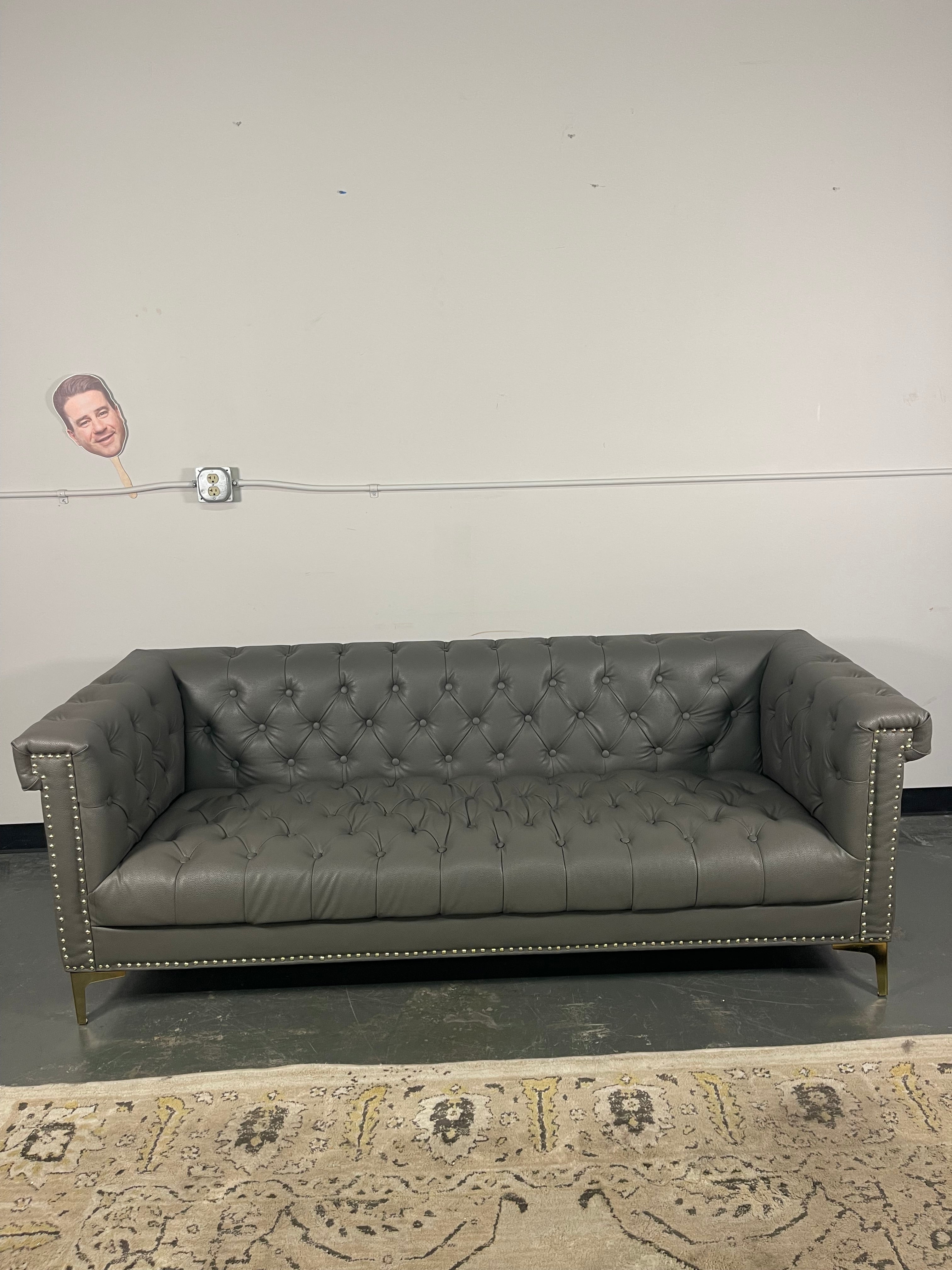 Gray Tufted Chesterfield Sofa with Gold Legs