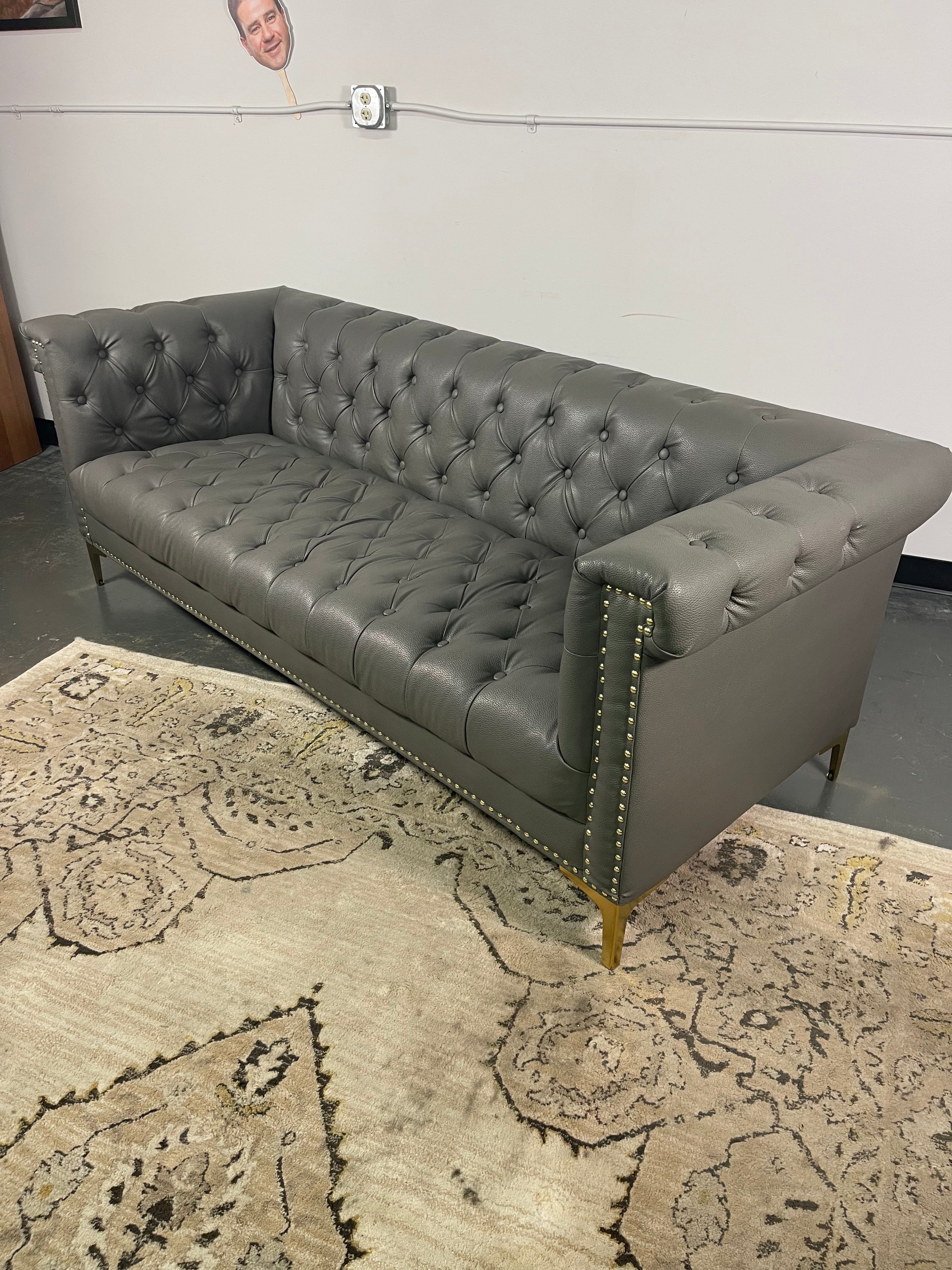 Gray Tufted Chesterfield Sofa with Gold Legs