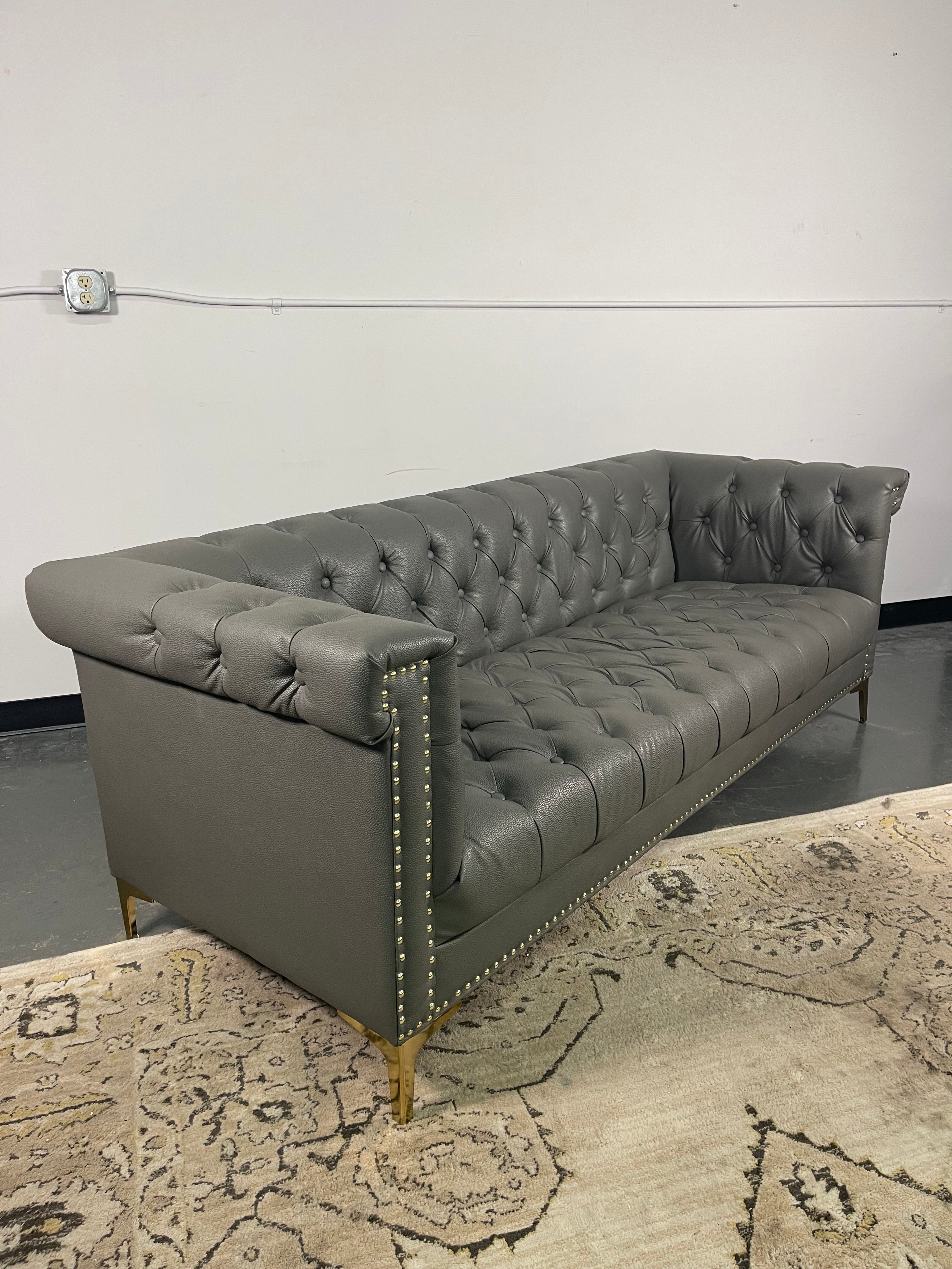 Gray Tufted Chesterfield Sofa with Gold Legs