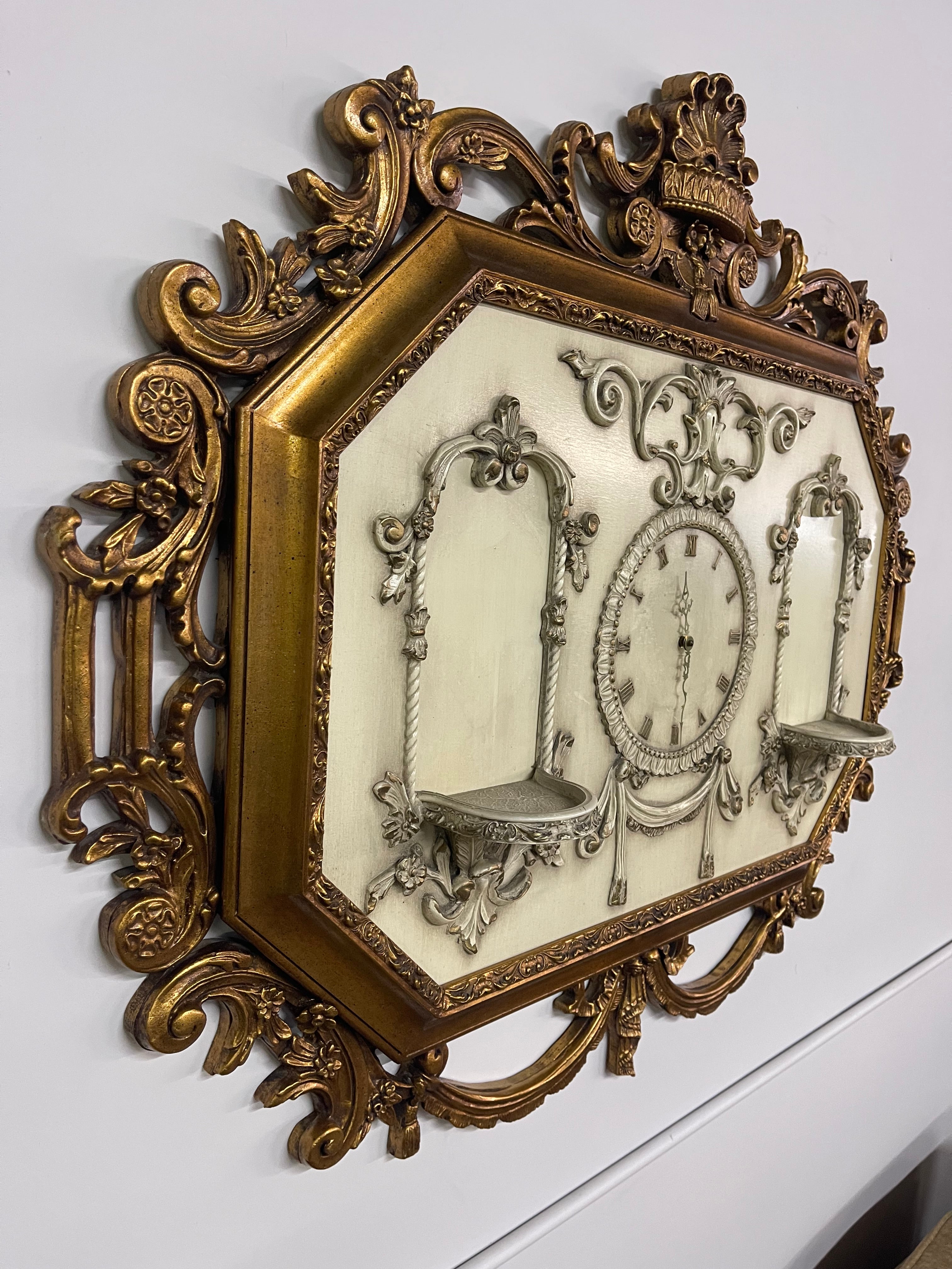 Ornate Gold Baroque Wall Clock with Display Shelves