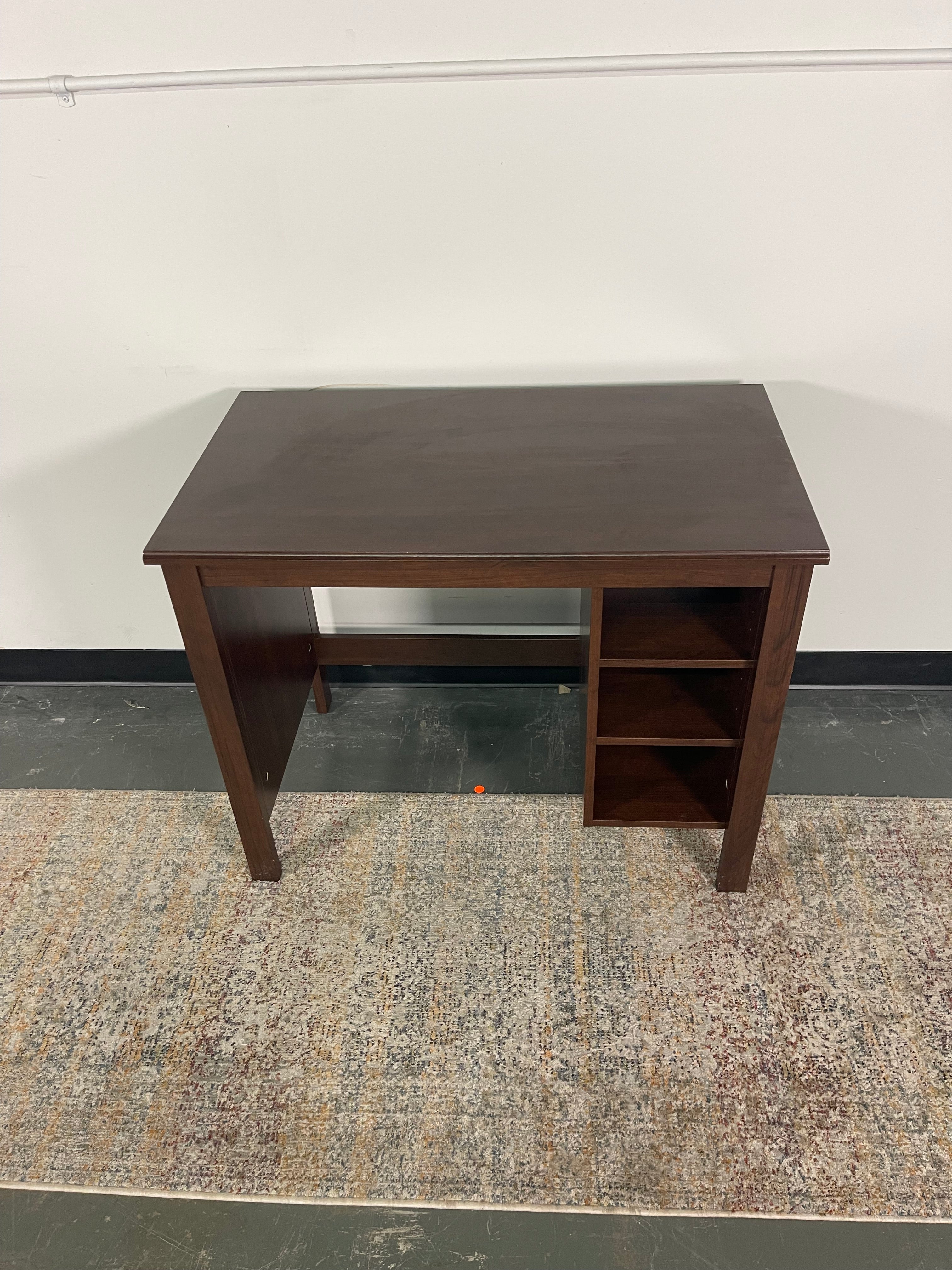 Compact Dark Wood-Tone Desk with Side Shelves