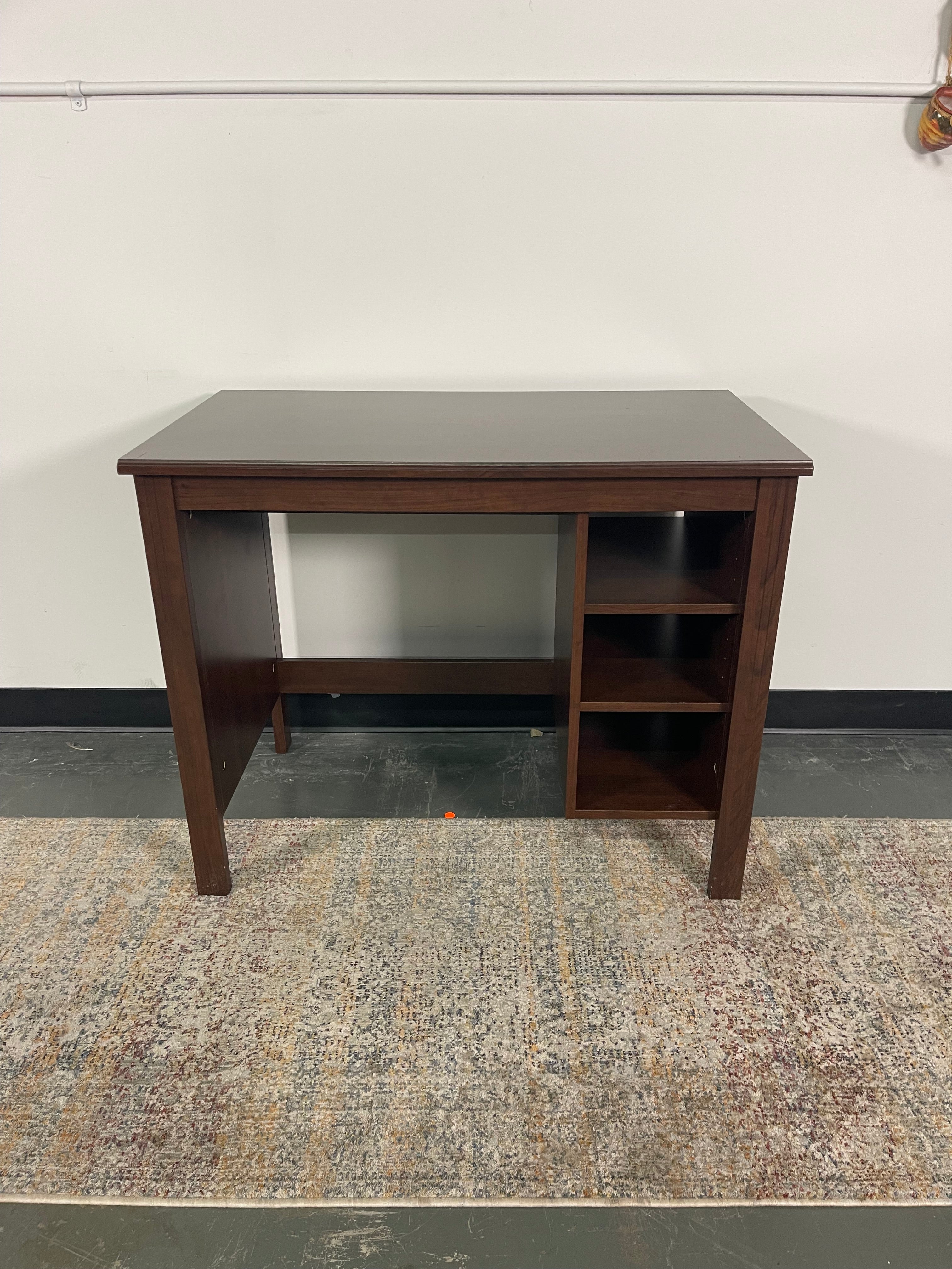 Compact Dark Wood-Tone Desk with Side Shelves
