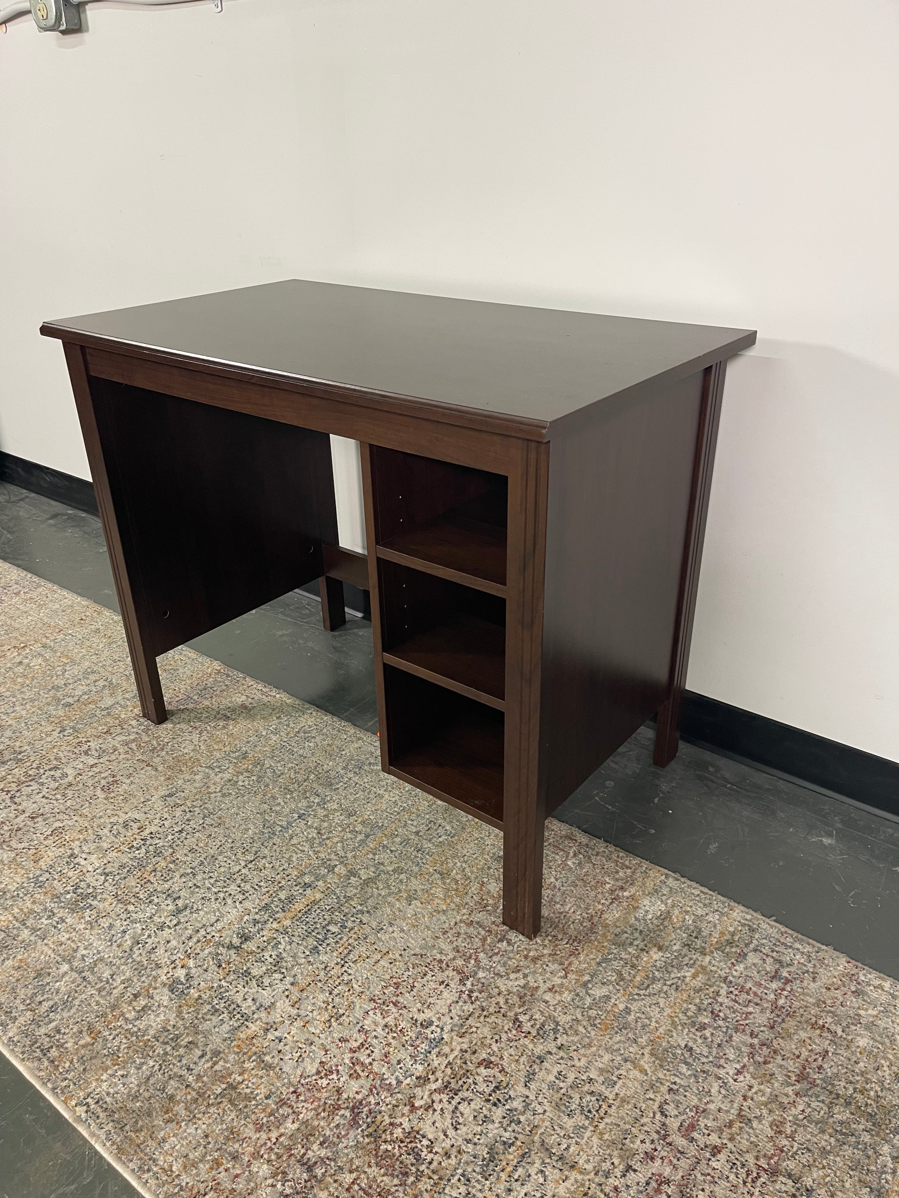Compact Dark Wood-Tone Desk with Side Shelves