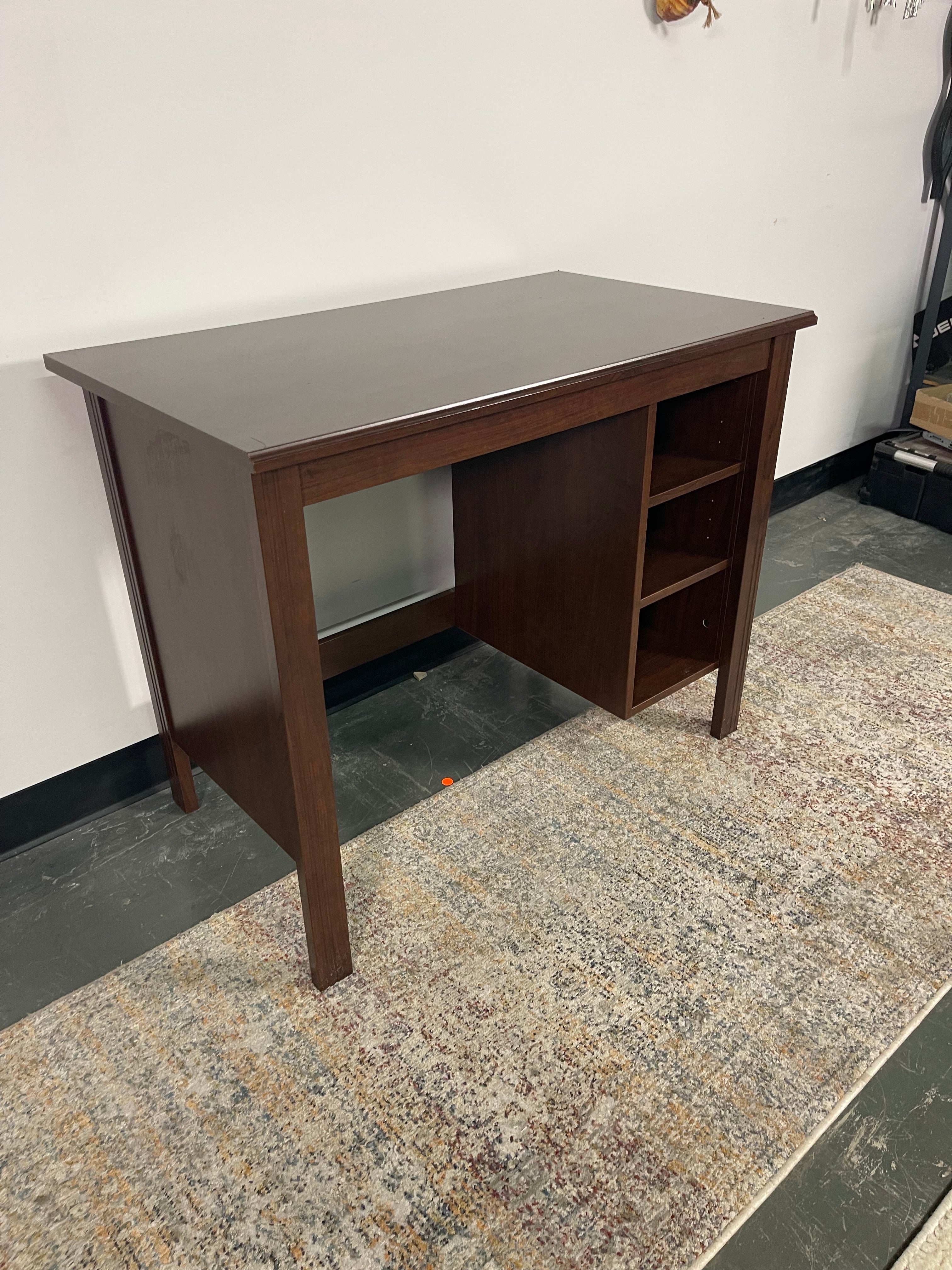 Compact Dark Wood-Tone Desk with Side Shelves