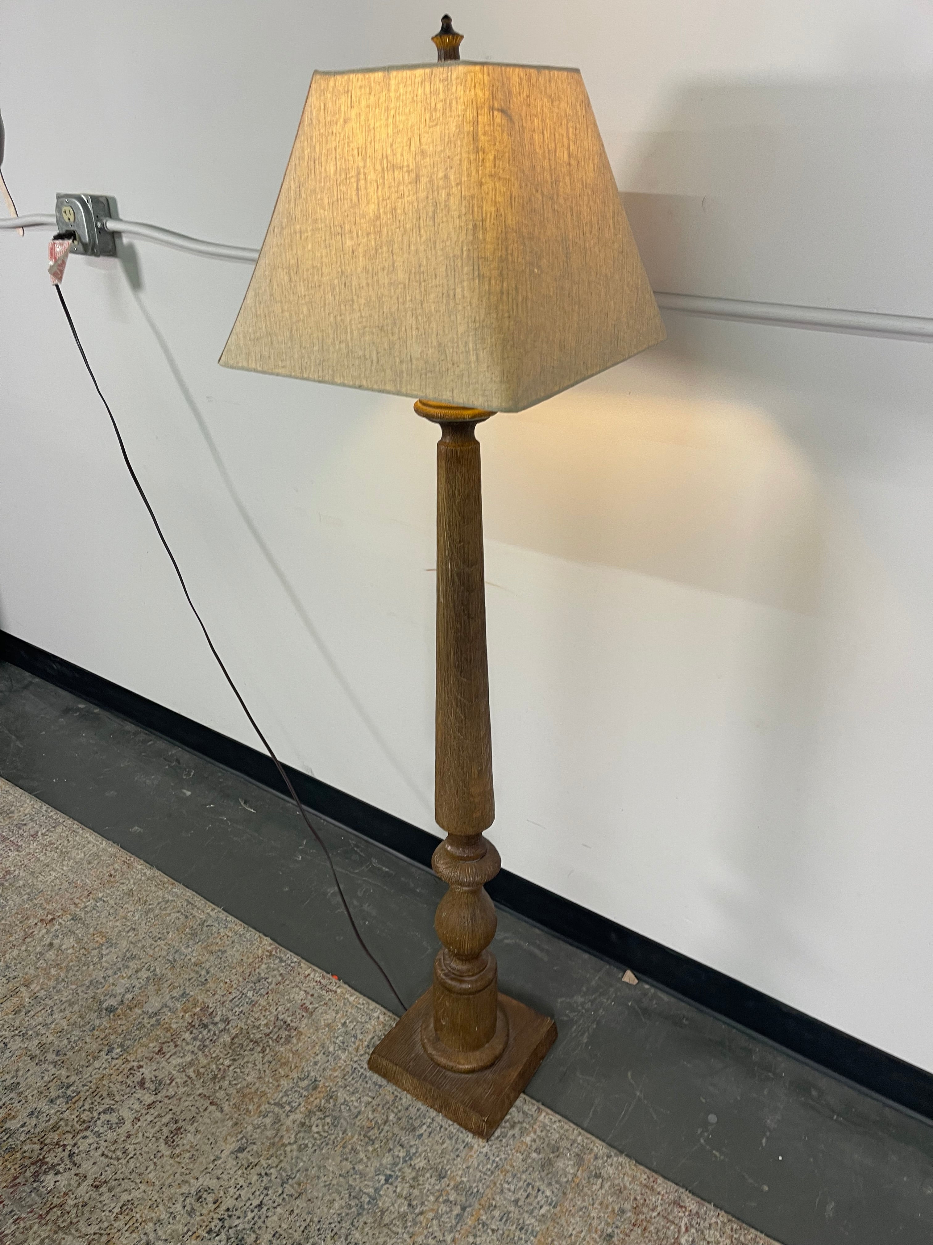 Rustic Wood-Look Floor Lamp with Linen Shade