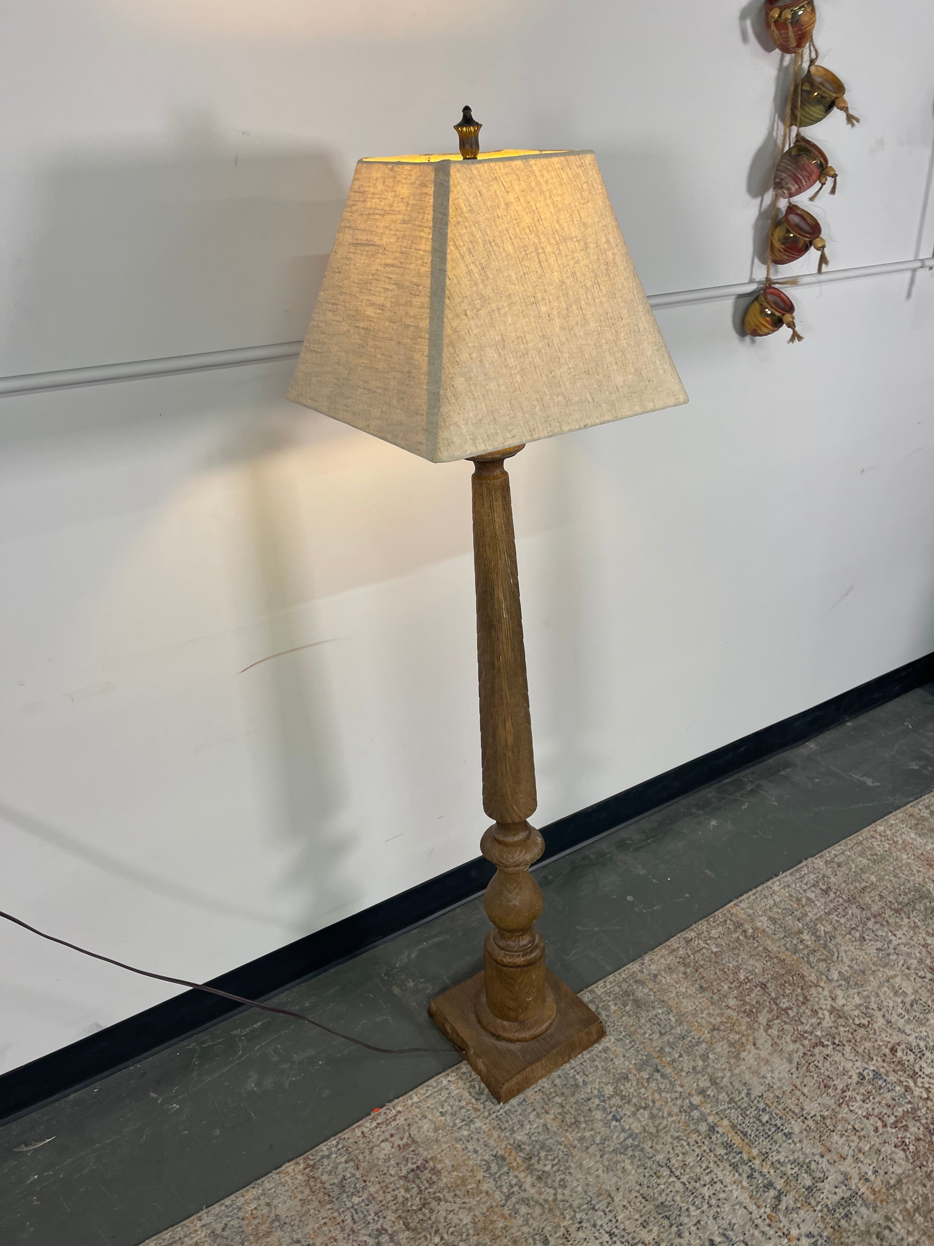 Rustic Wood-Look Floor Lamp with Linen Shade