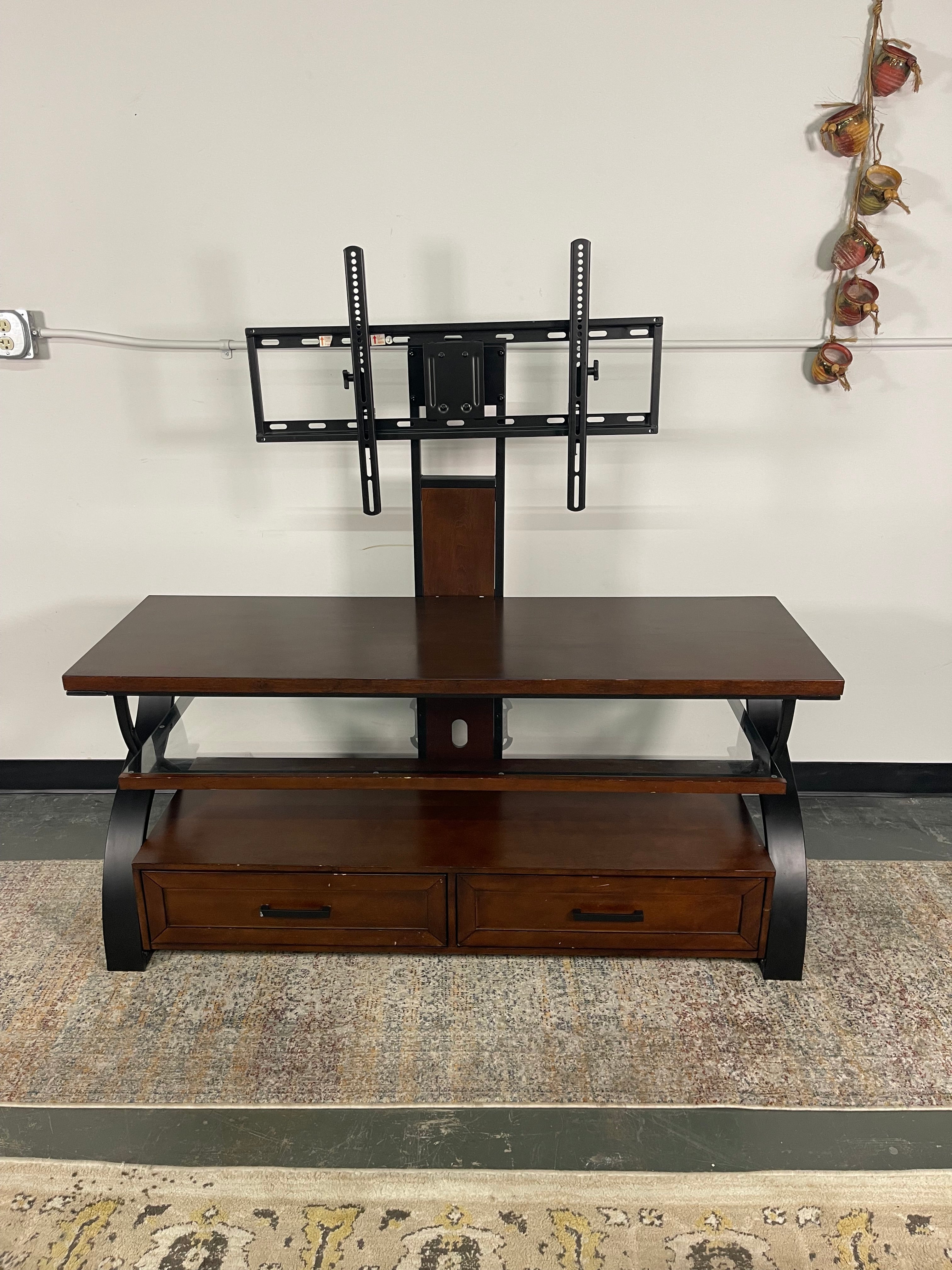 Espresso TV Stand with Swivel TV Mount and Glass Shelf