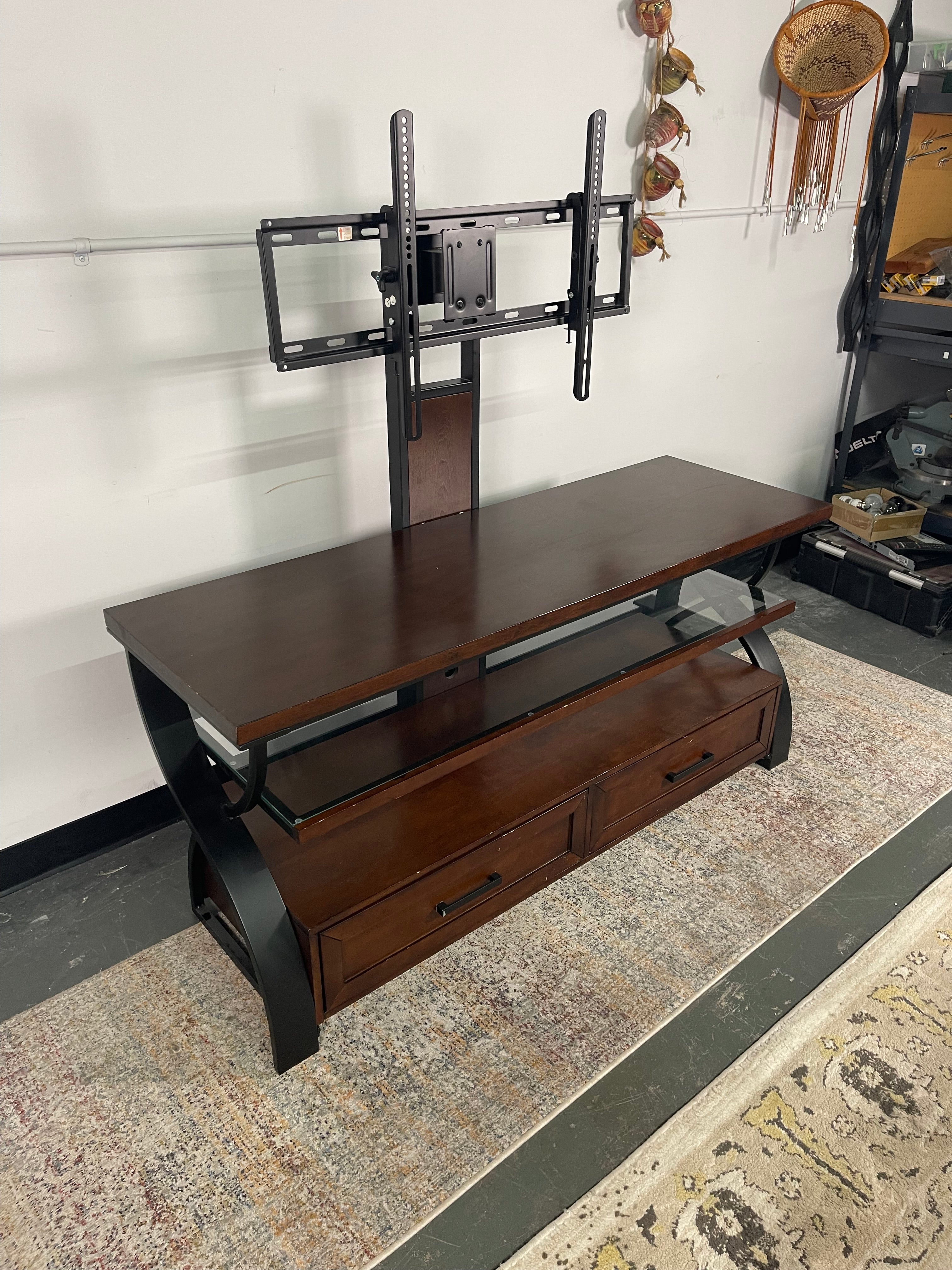 Espresso TV Stand with Swivel TV Mount and Glass Shelf