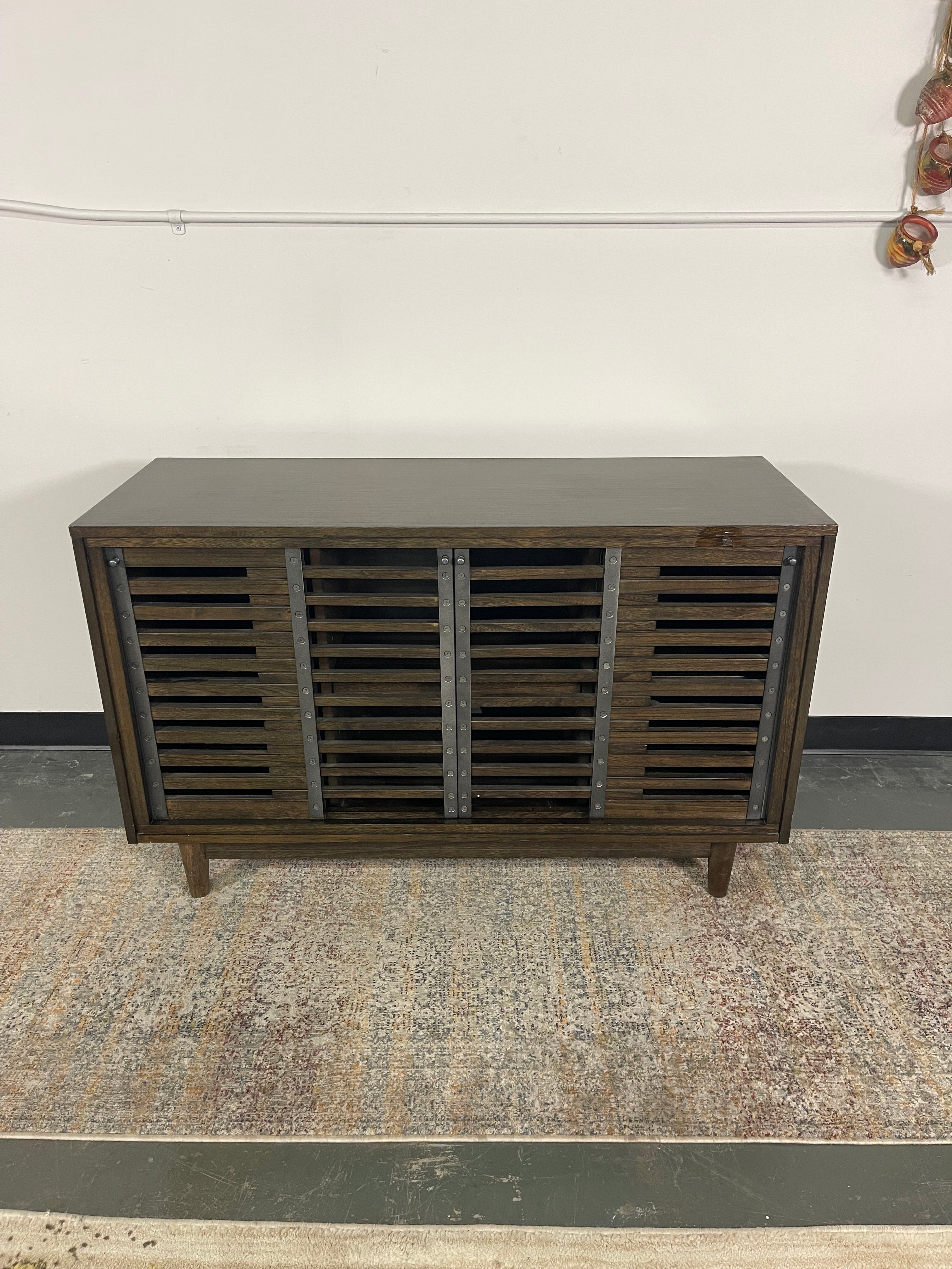 Slatted Sliding Door Media Console with Rivet Accents