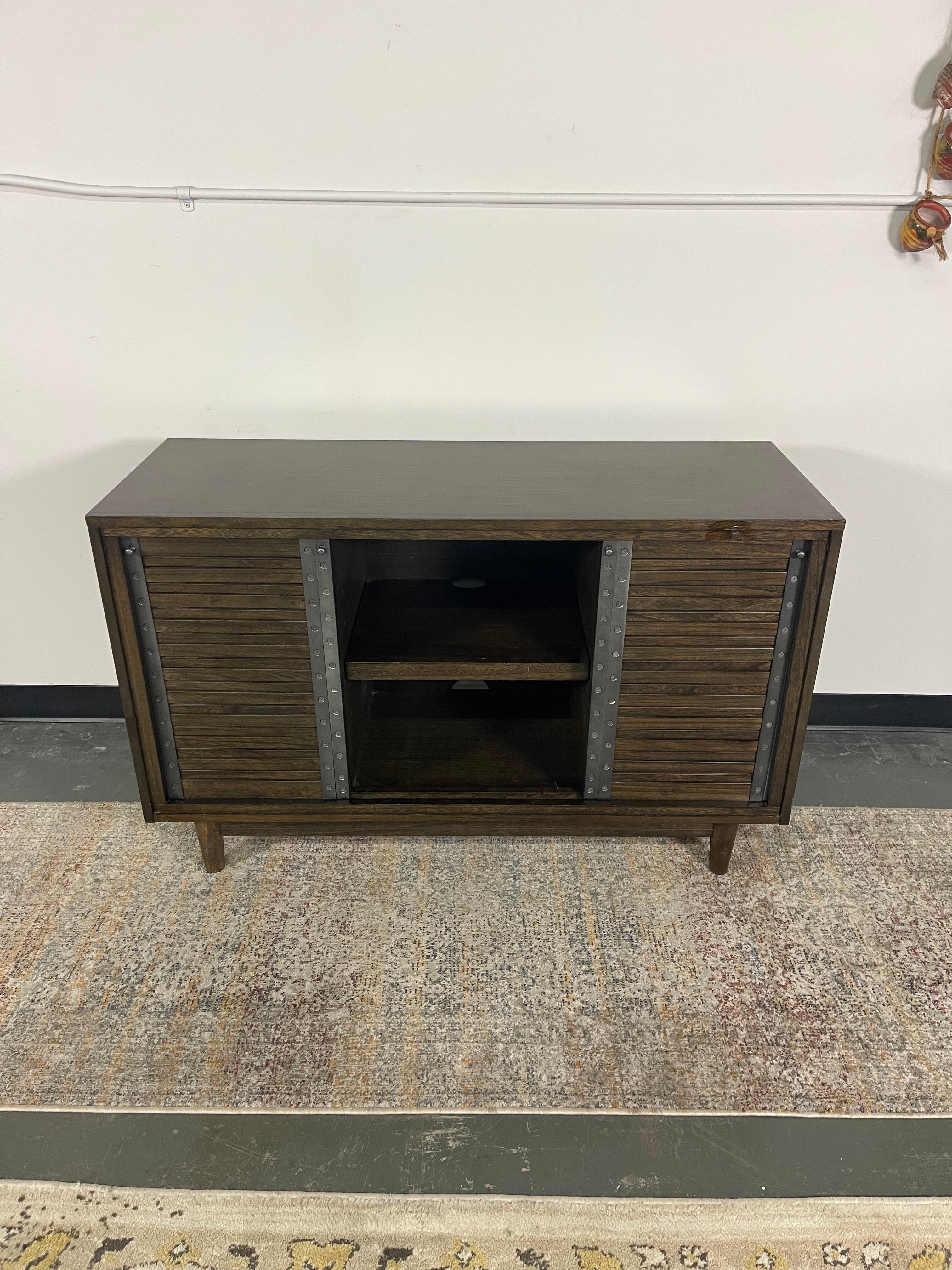 Slatted Sliding Door Media Console with Rivet Accents