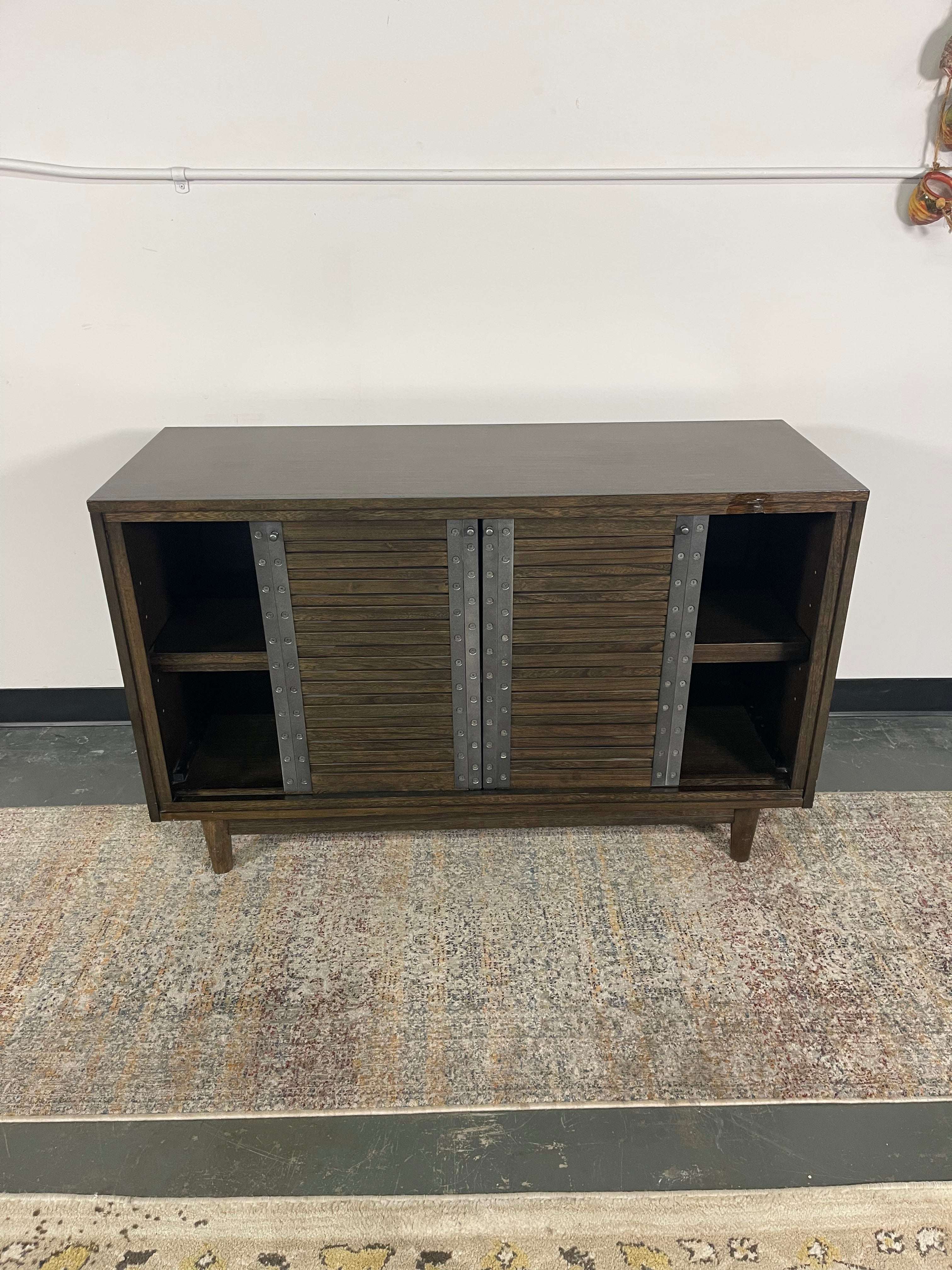 Slatted Sliding Door Media Console with Rivet Accents