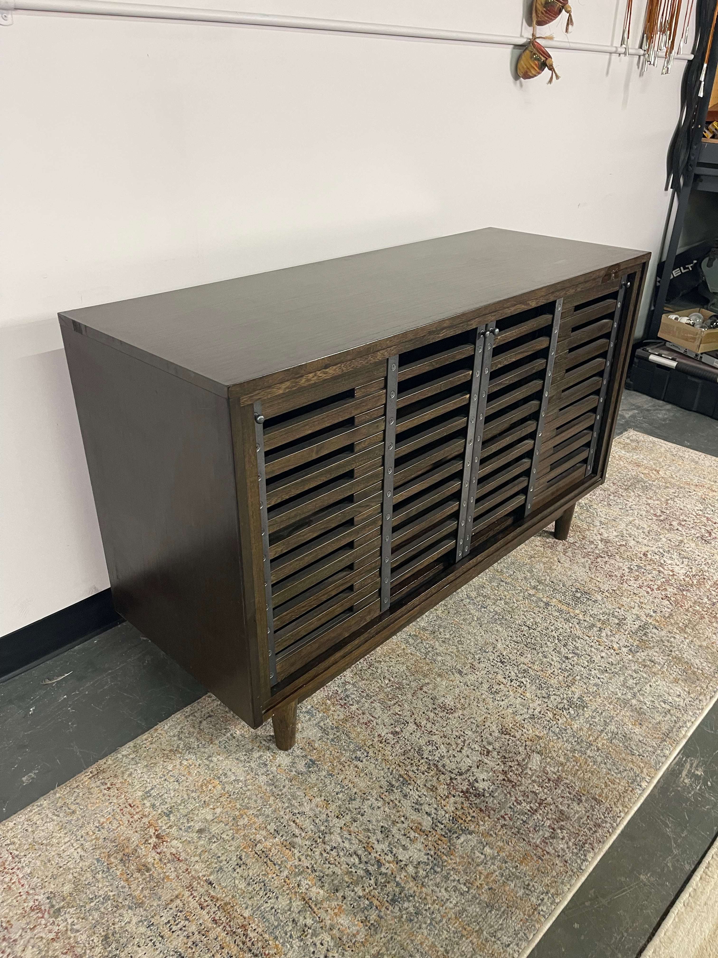 Slatted Sliding Door Media Console with Rivet Accents