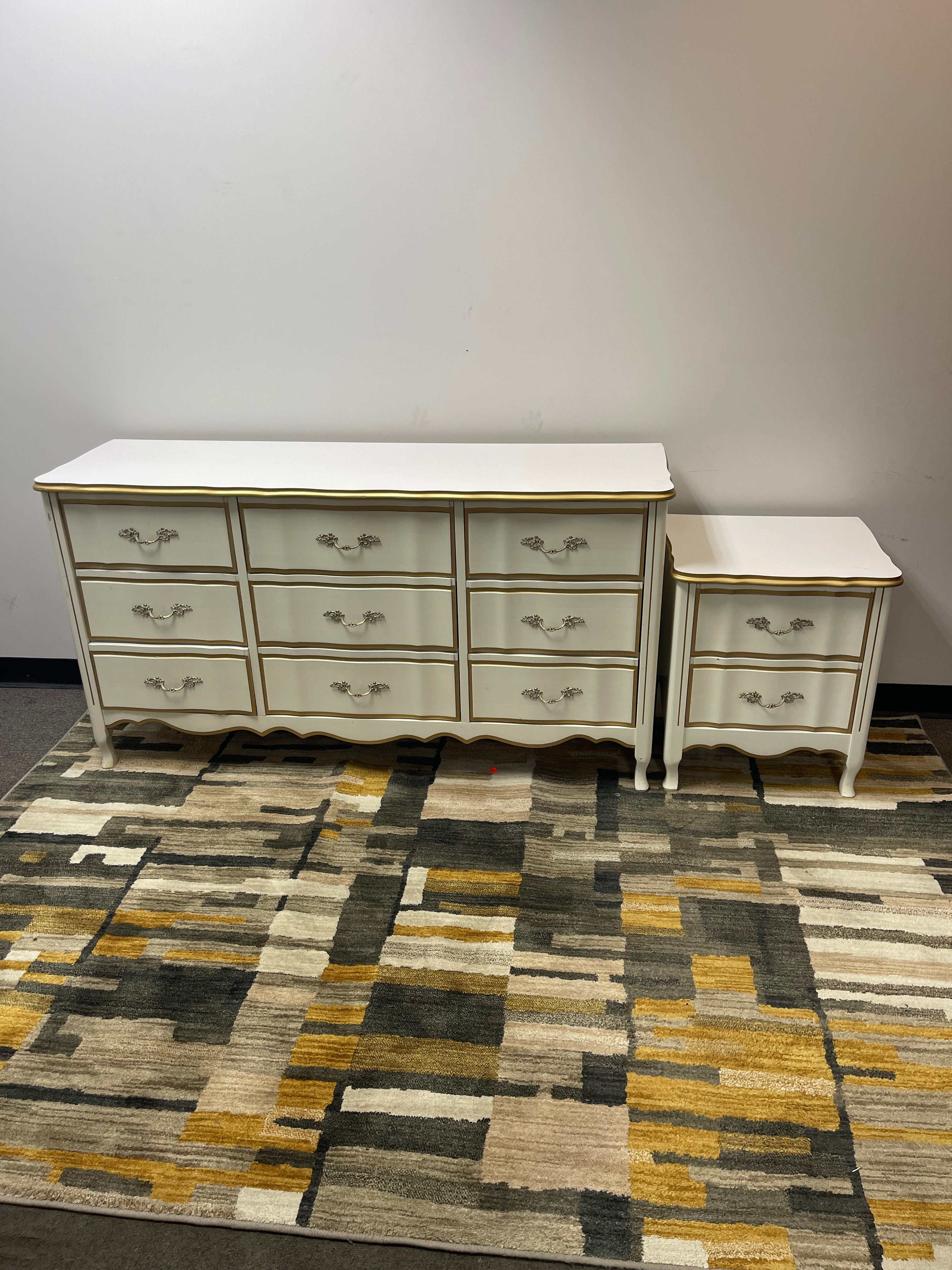 Vintage White and Gold French Provincial Dresser and Nightstand