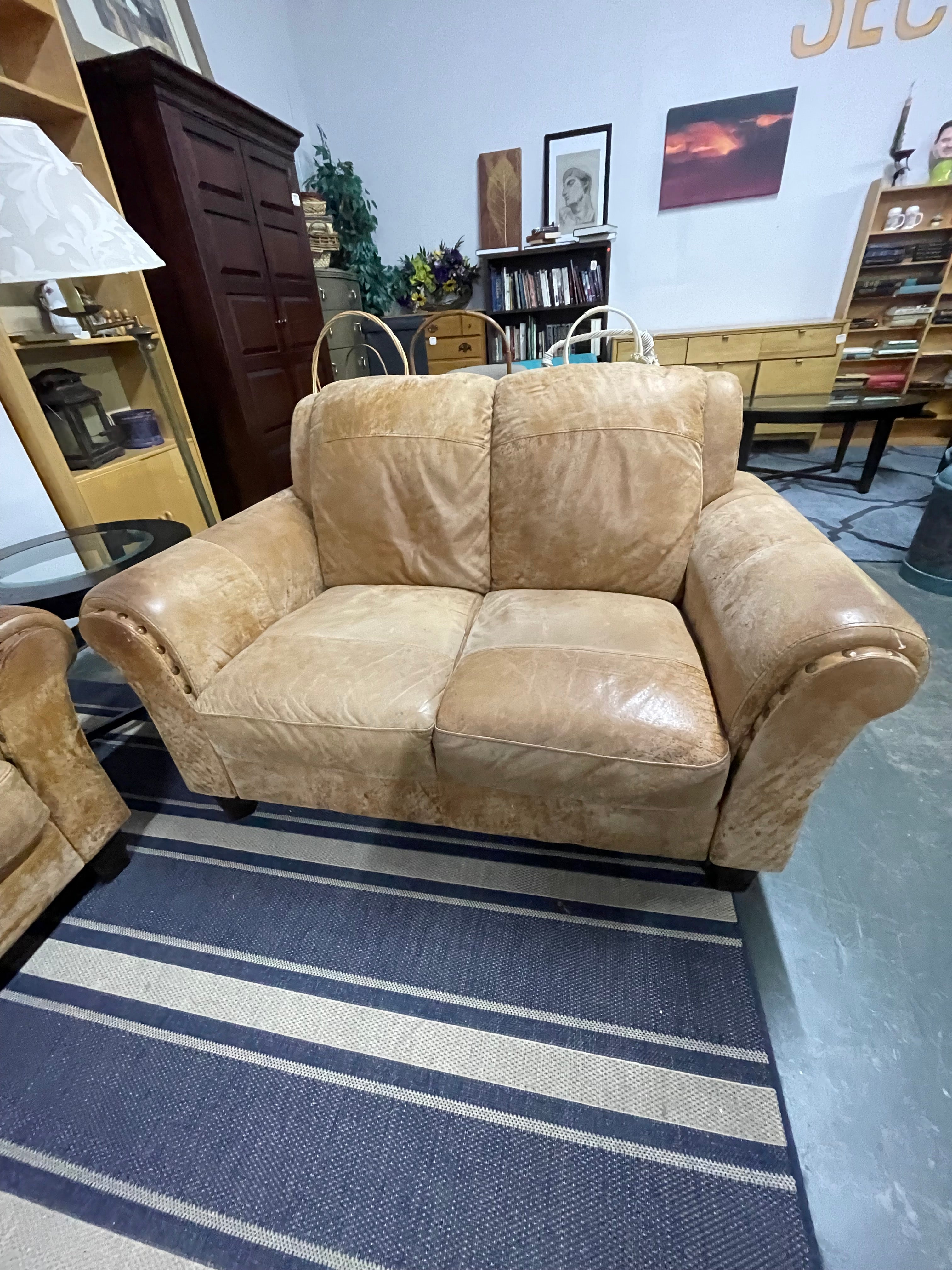 Distressed Tan Leather 4-Piece Living Room Set with Storage Ottoman