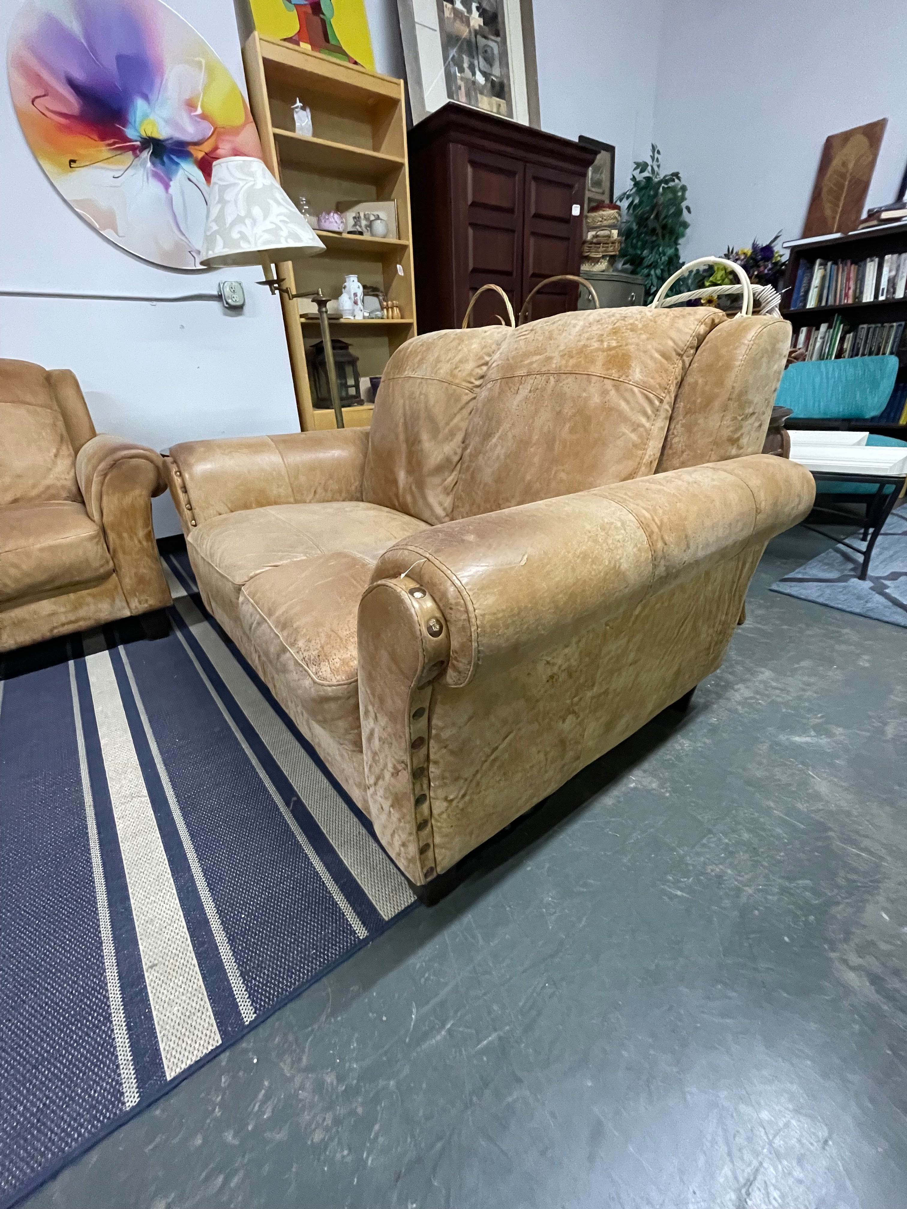 Distressed Tan Leather 4-Piece Living Room Set with Storage Ottoman