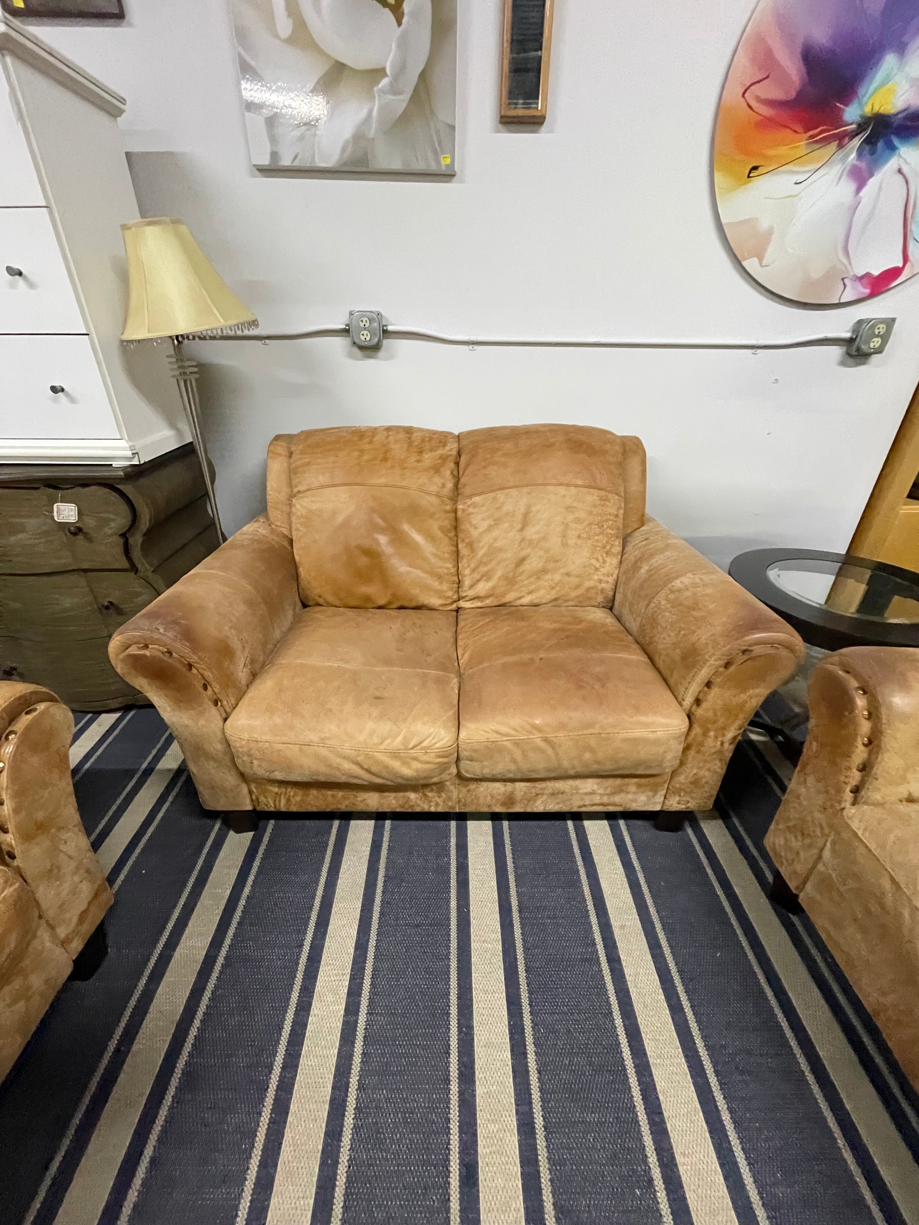 Distressed Tan Leather 4-Piece Living Room Set with Storage Ottoman