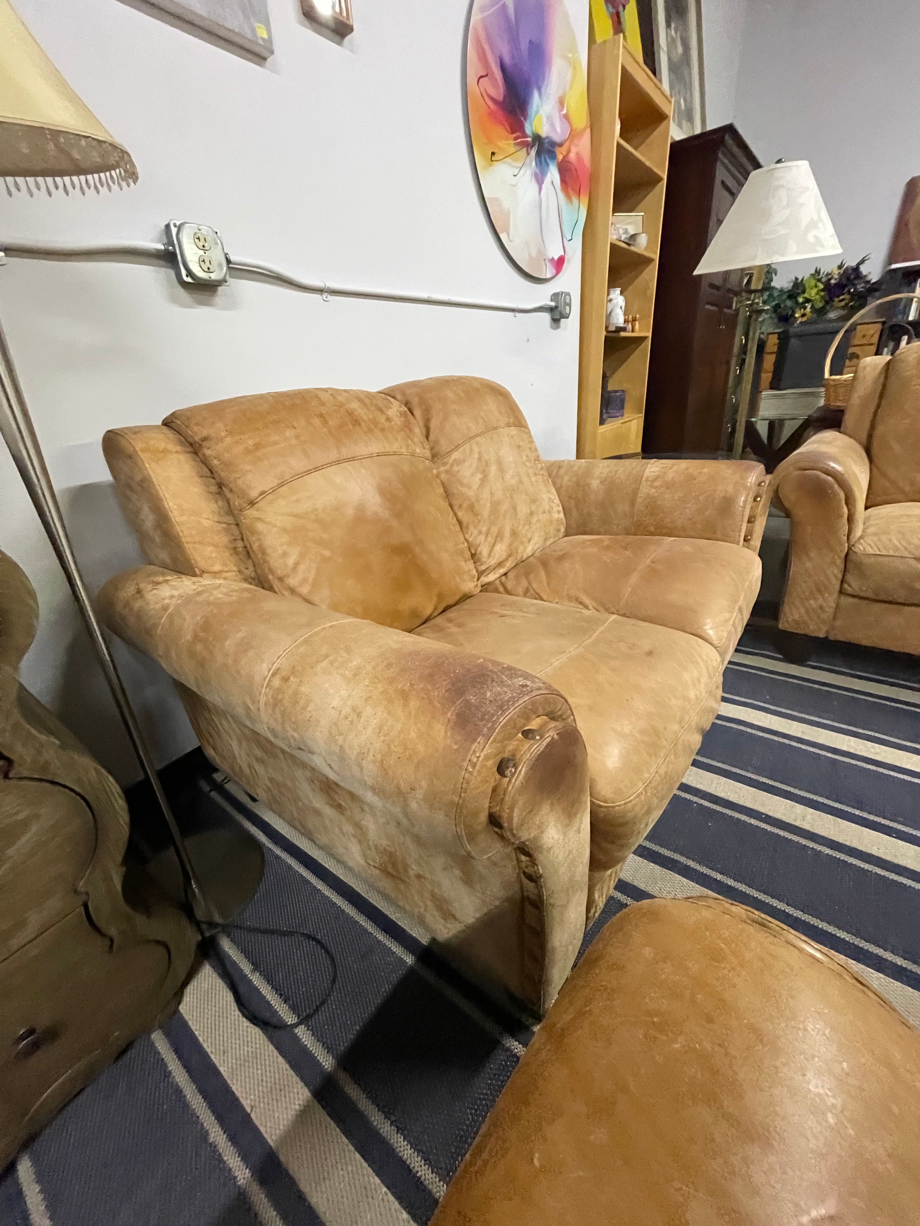 Distressed Tan Leather 4-Piece Living Room Set with Storage Ottoman