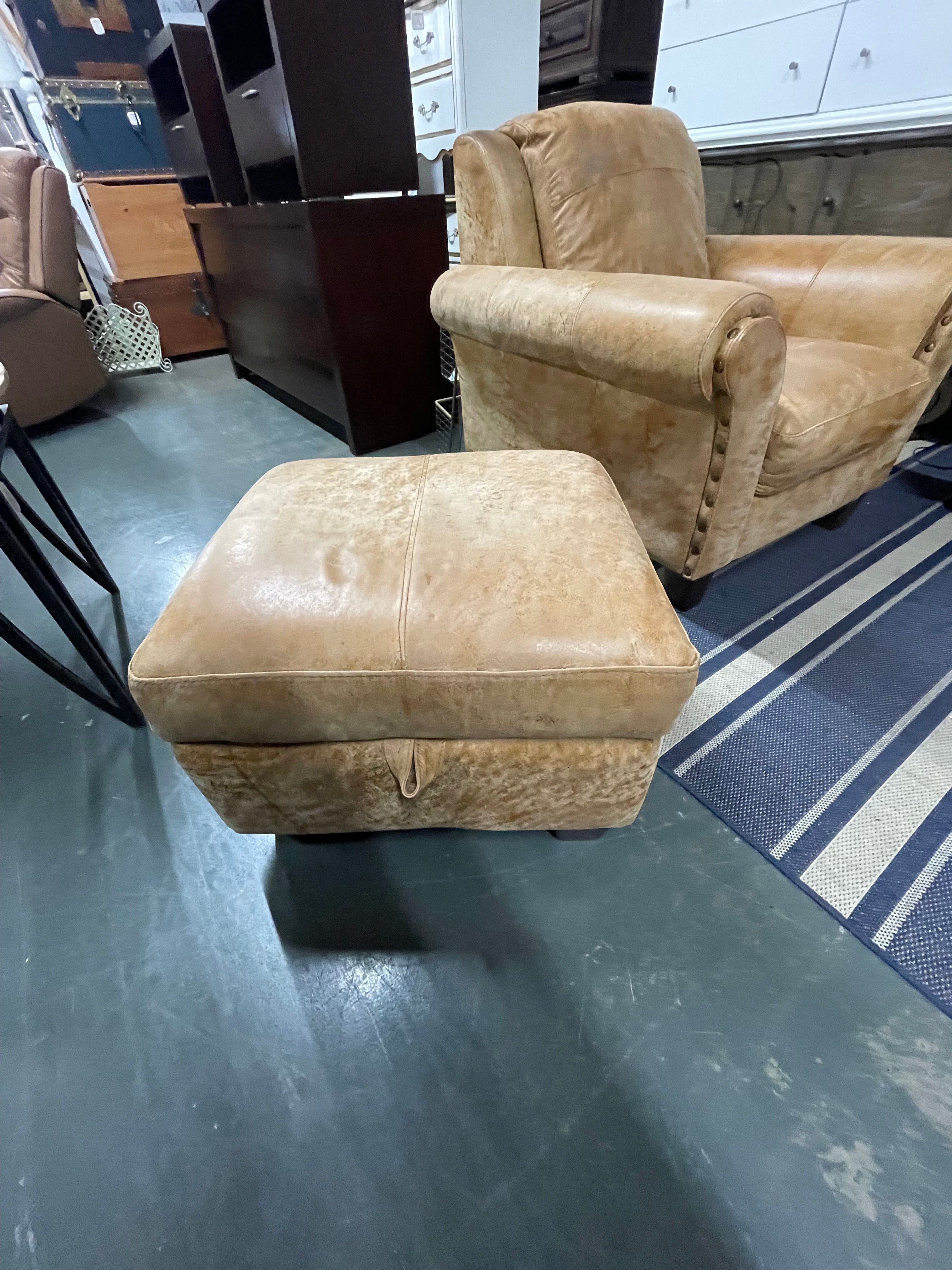 Distressed Tan Leather 4-Piece Living Room Set with Storage Ottoman