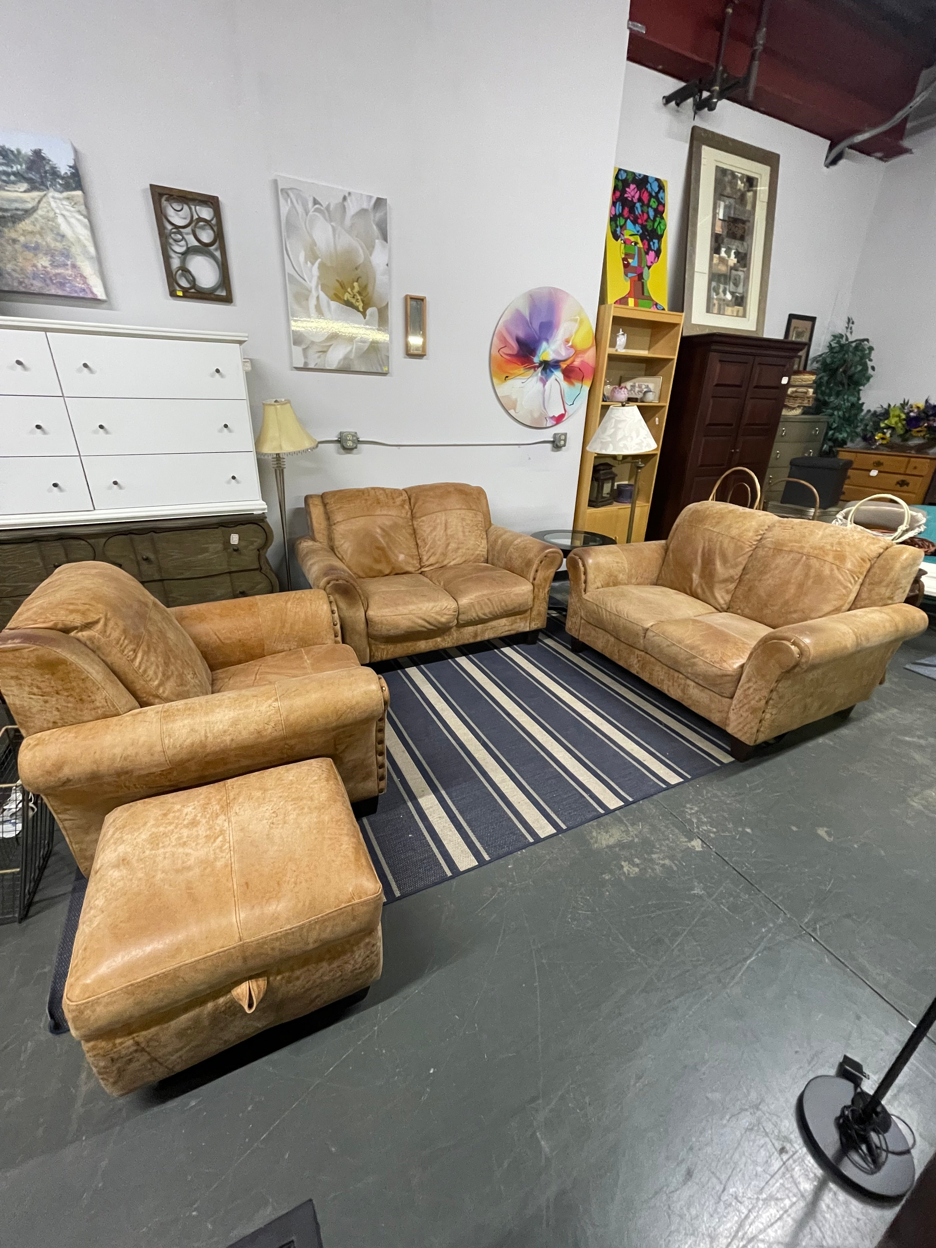 Distressed Tan Leather 4-Piece Living Room Set with Storage Ottoman