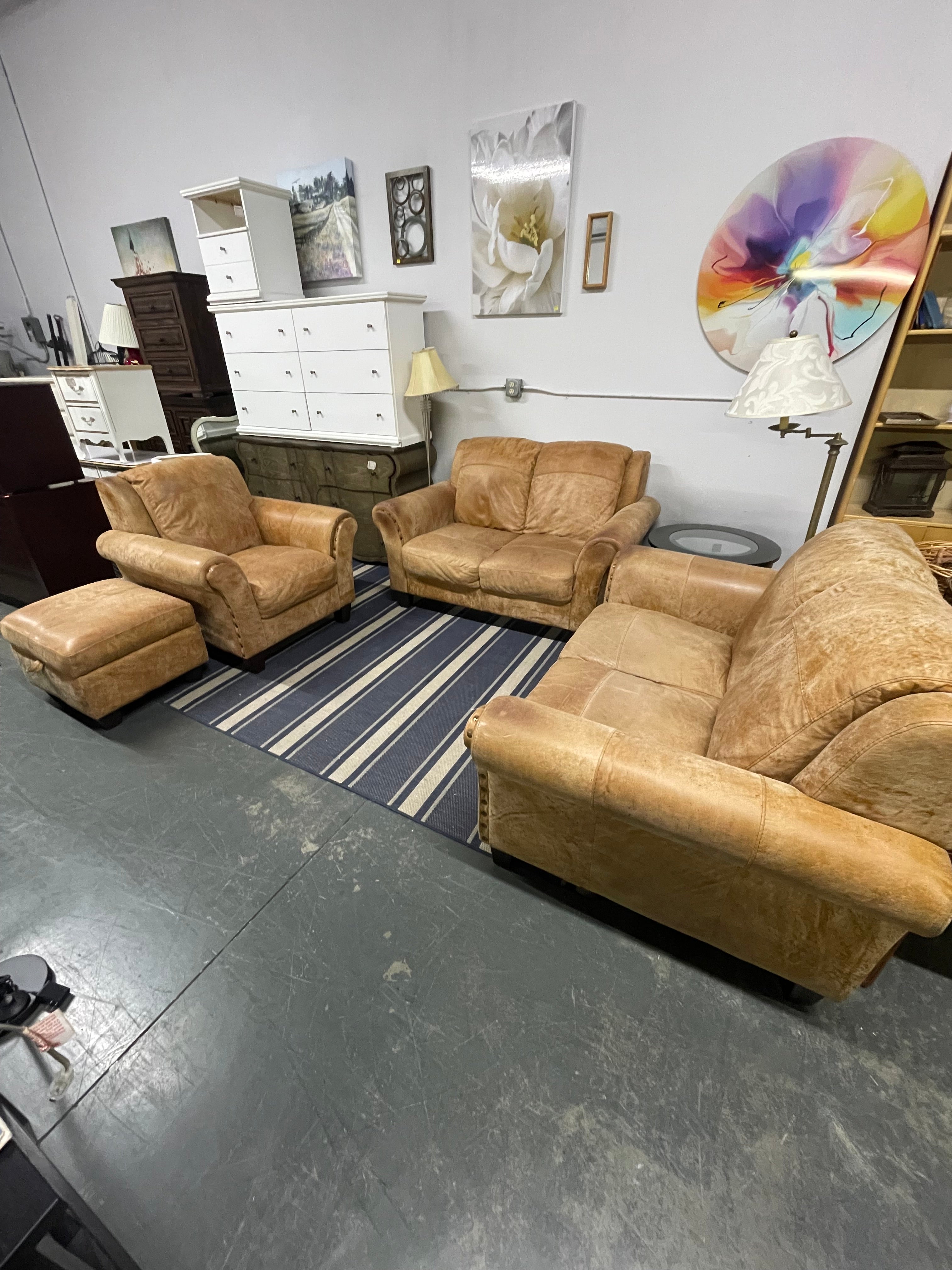 Distressed Tan Leather 4-Piece Living Room Set with Storage Ottoman