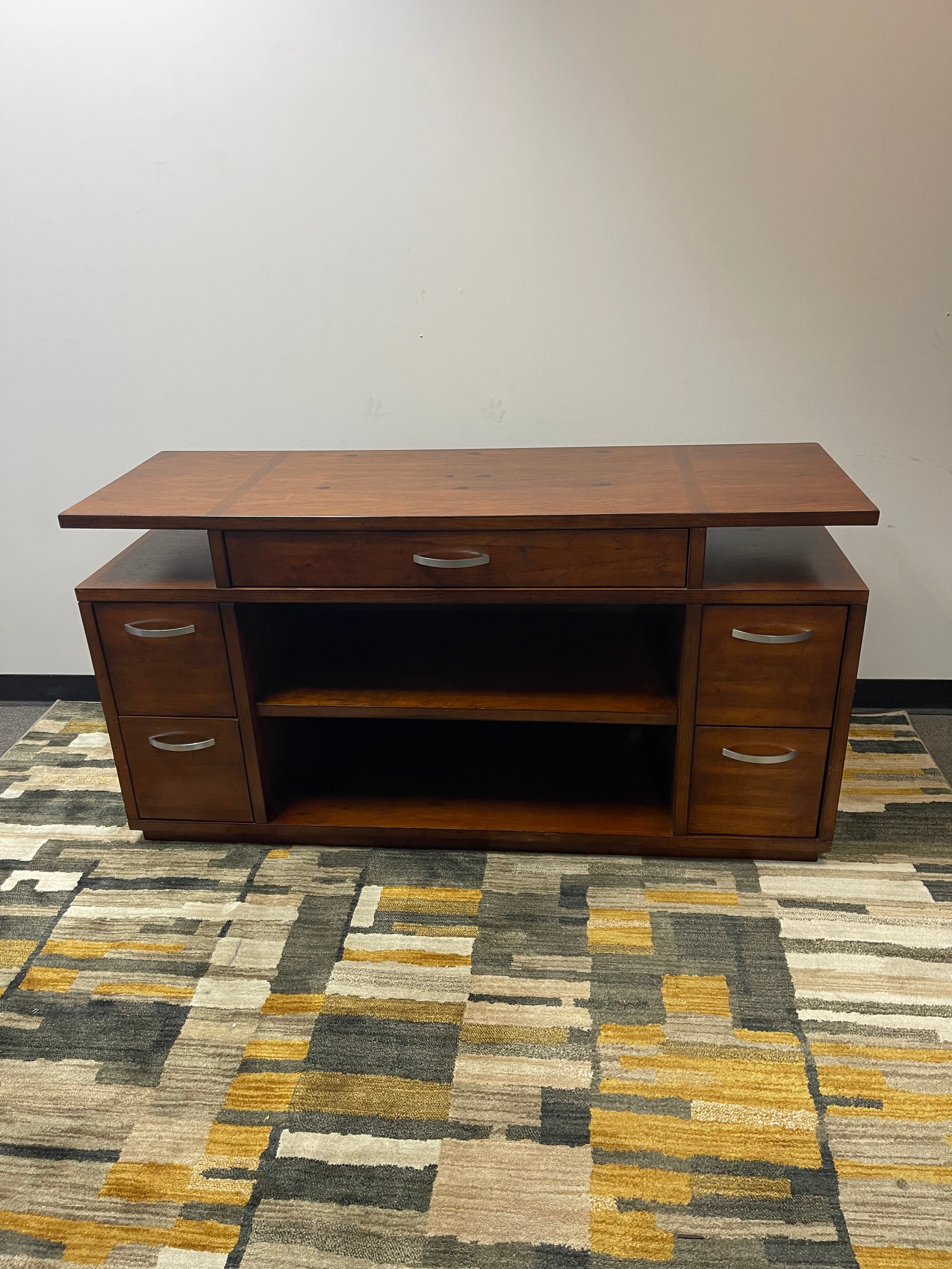 Rustic Cherry Floating-Top Media Console and Credenza