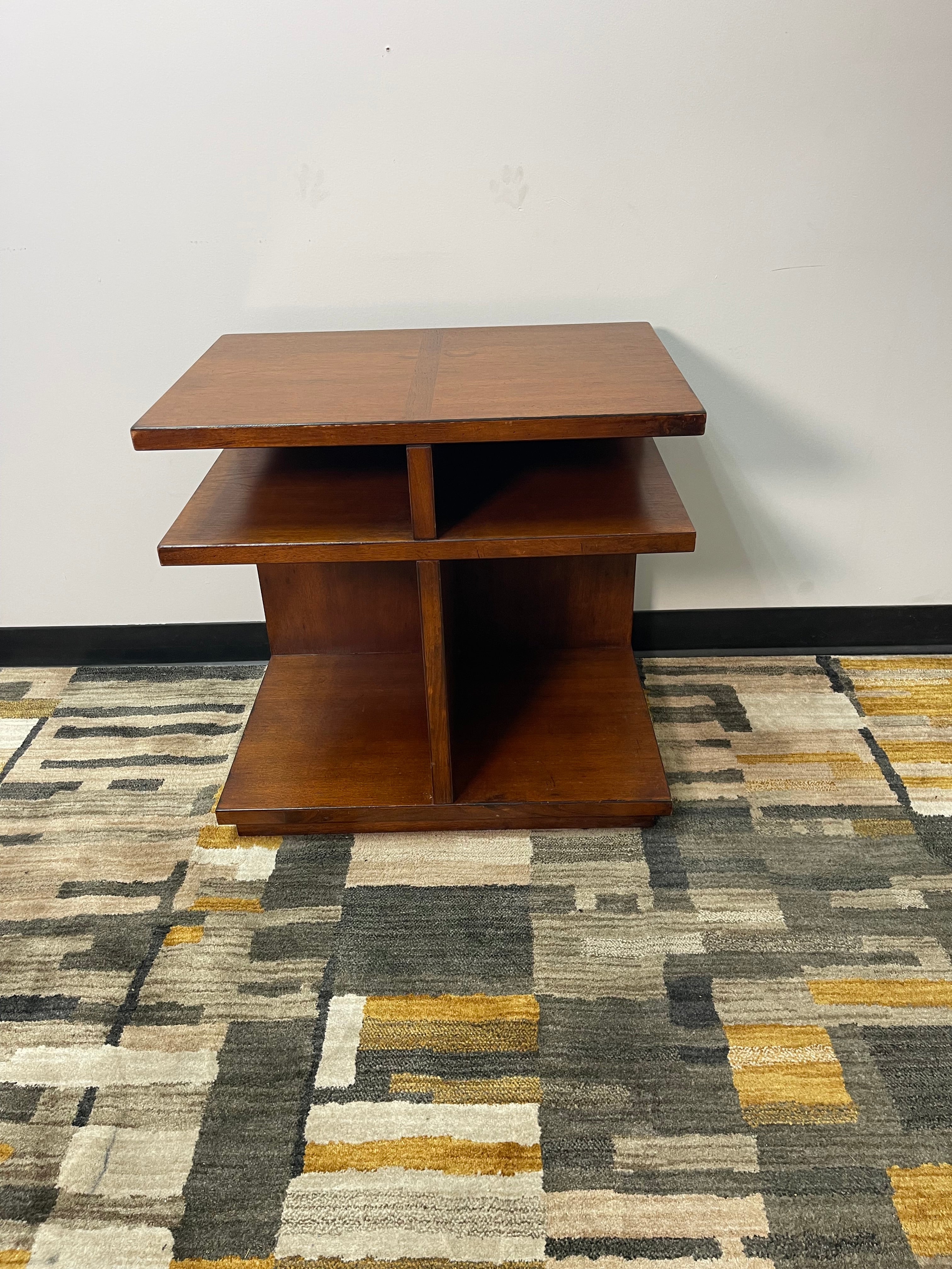 Modern Cherry Cantilever End Table with Open Shelves