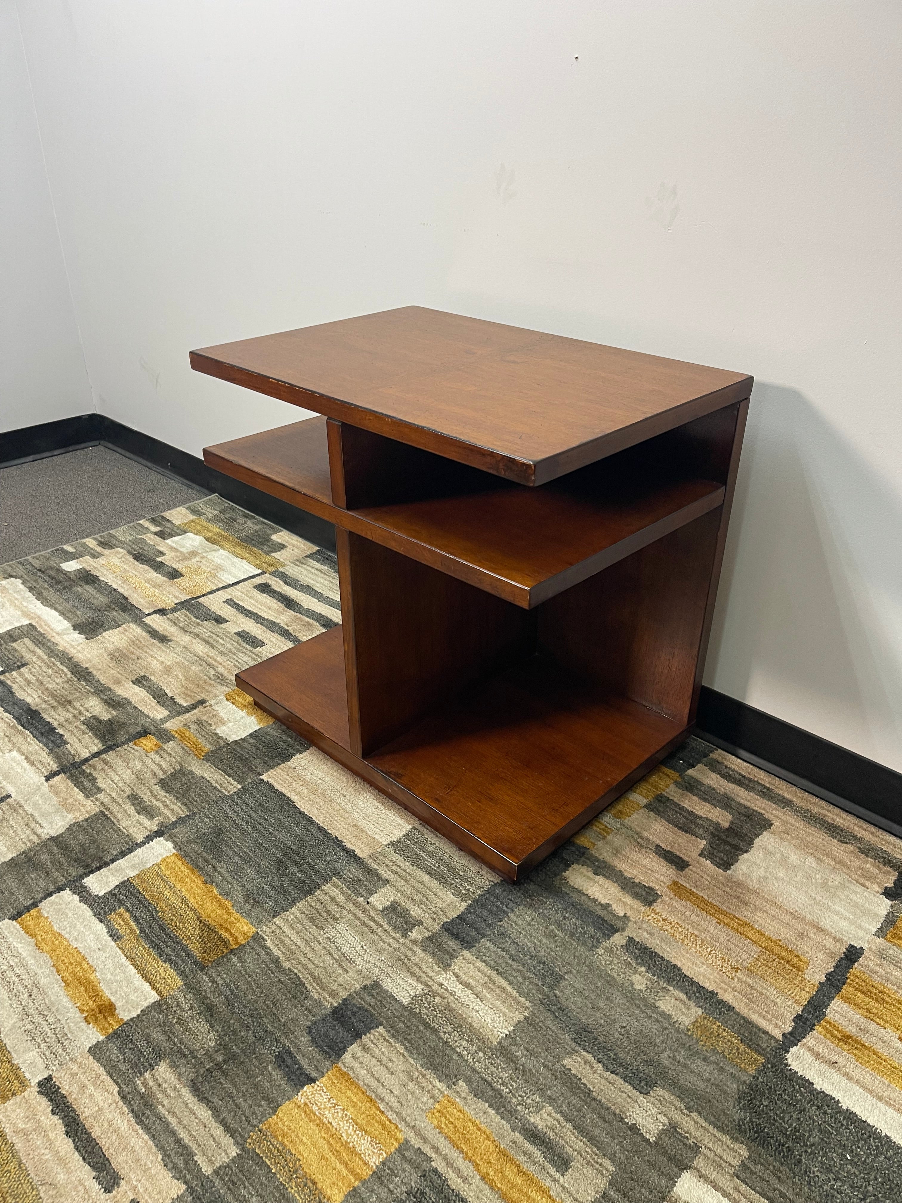 Modern Cherry Cantilever End Table with Open Shelves
