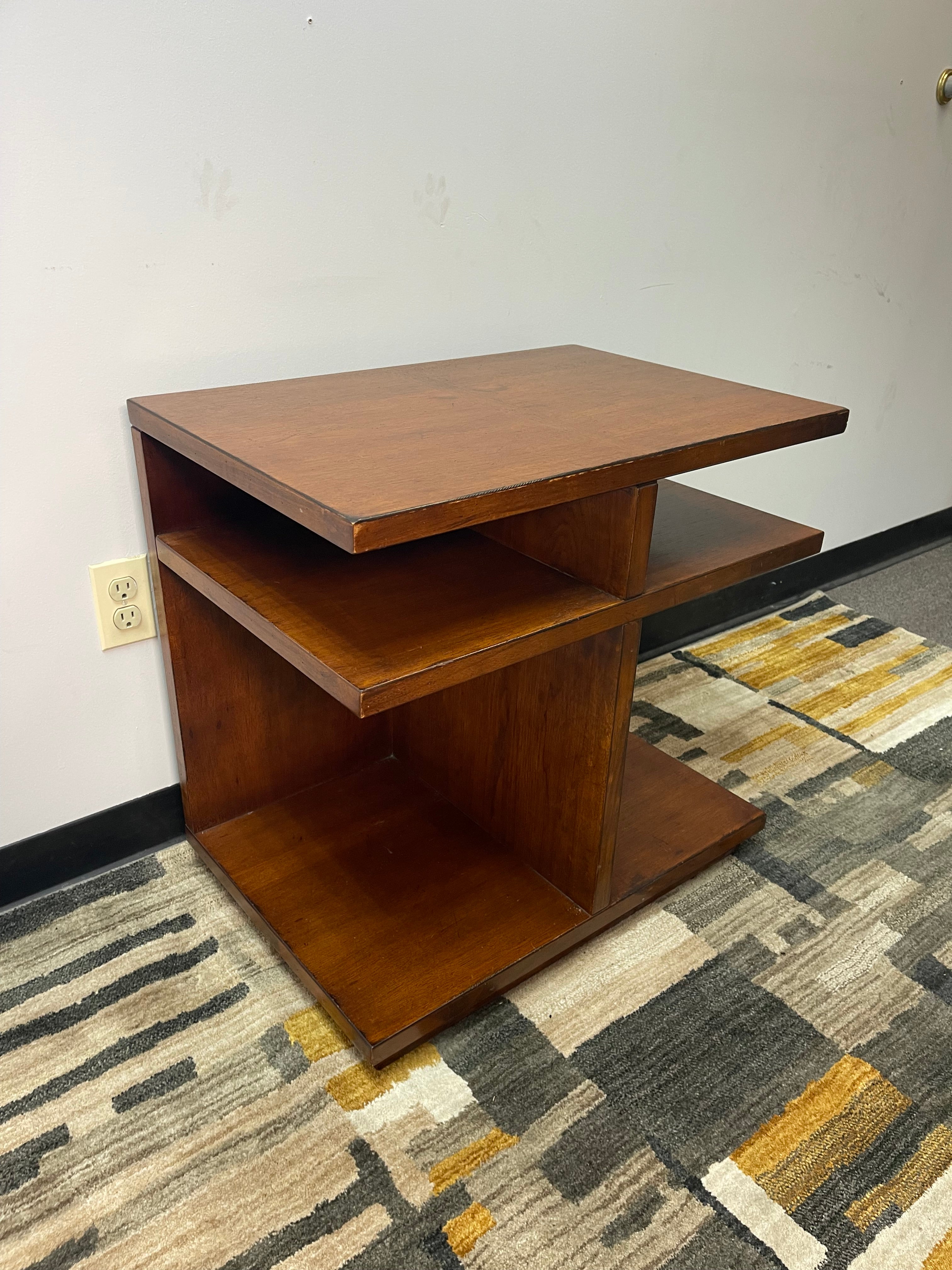 Modern Cherry Cantilever End Table with Open Shelves