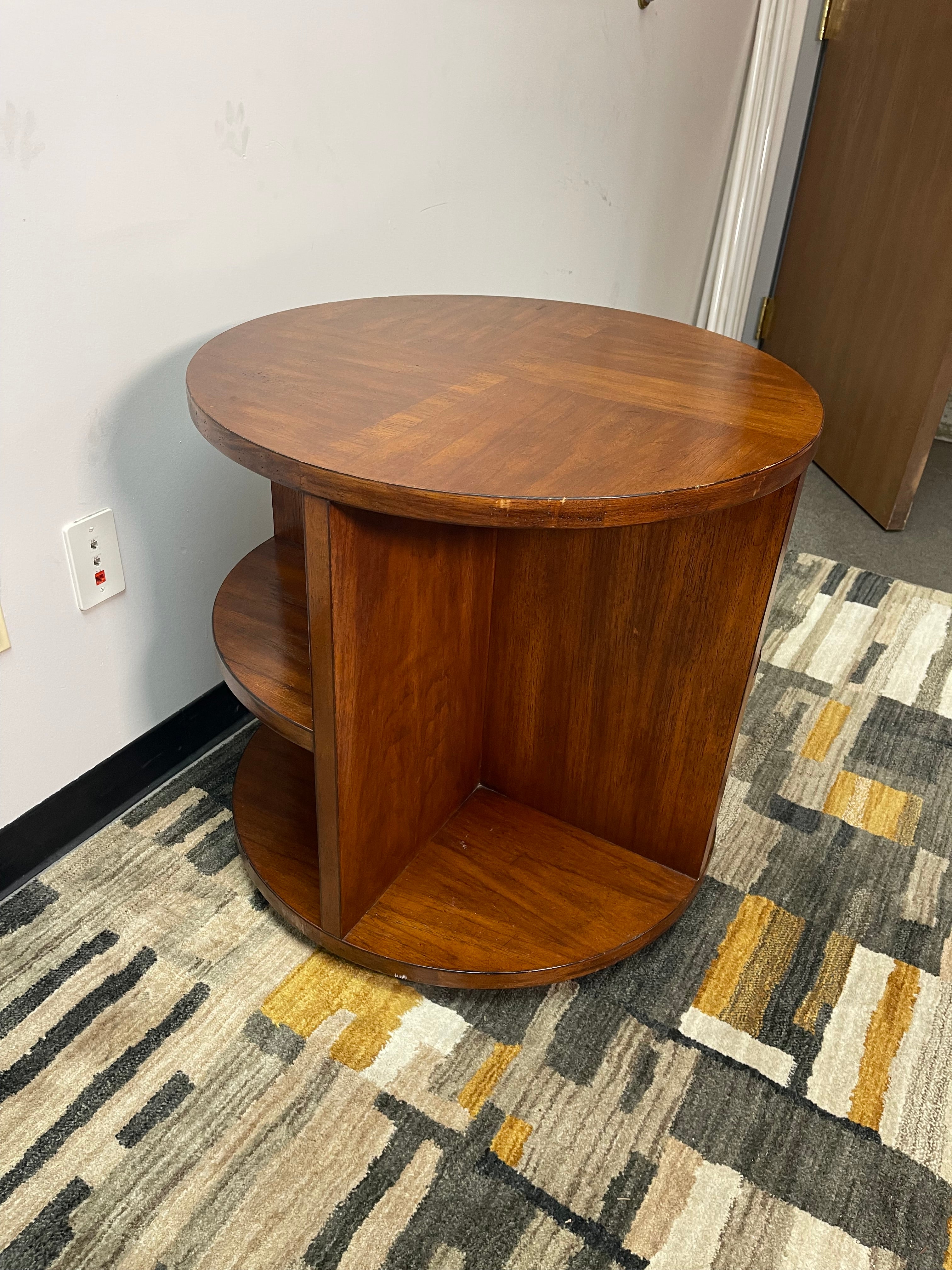 Round Cherry Drum End Table with Open Shelves