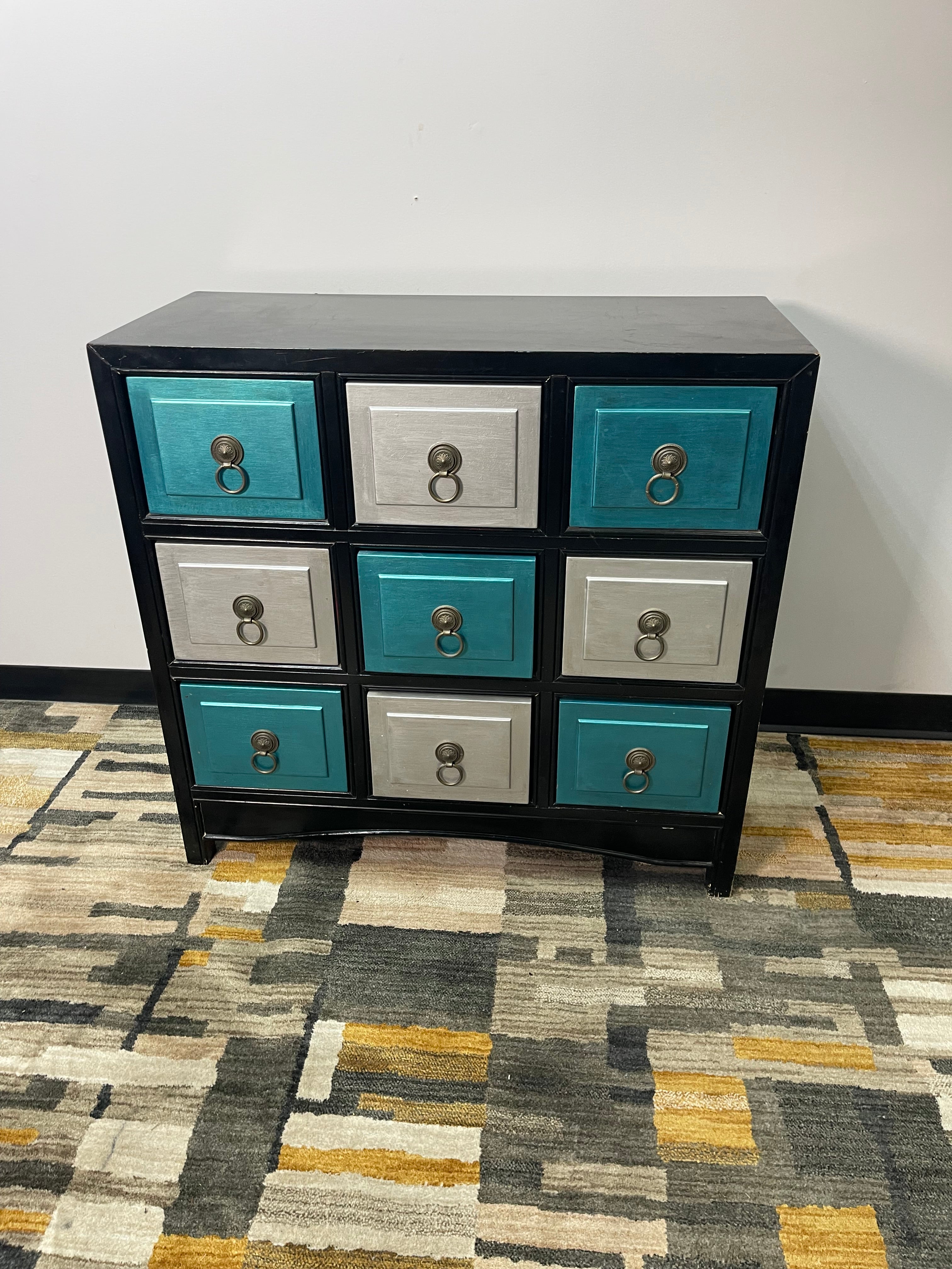 Black Apothecary-Style 9-Drawer Accent Chest in Teal and Silver