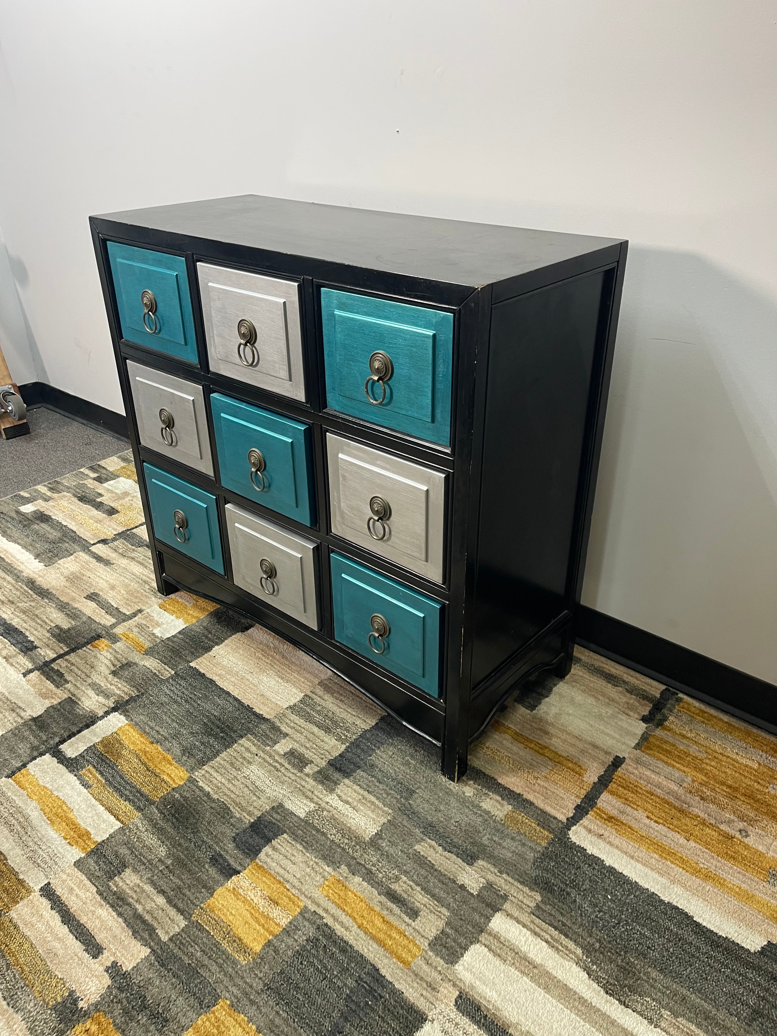 Black Apothecary-Style 9-Drawer Accent Chest in Teal and Silver