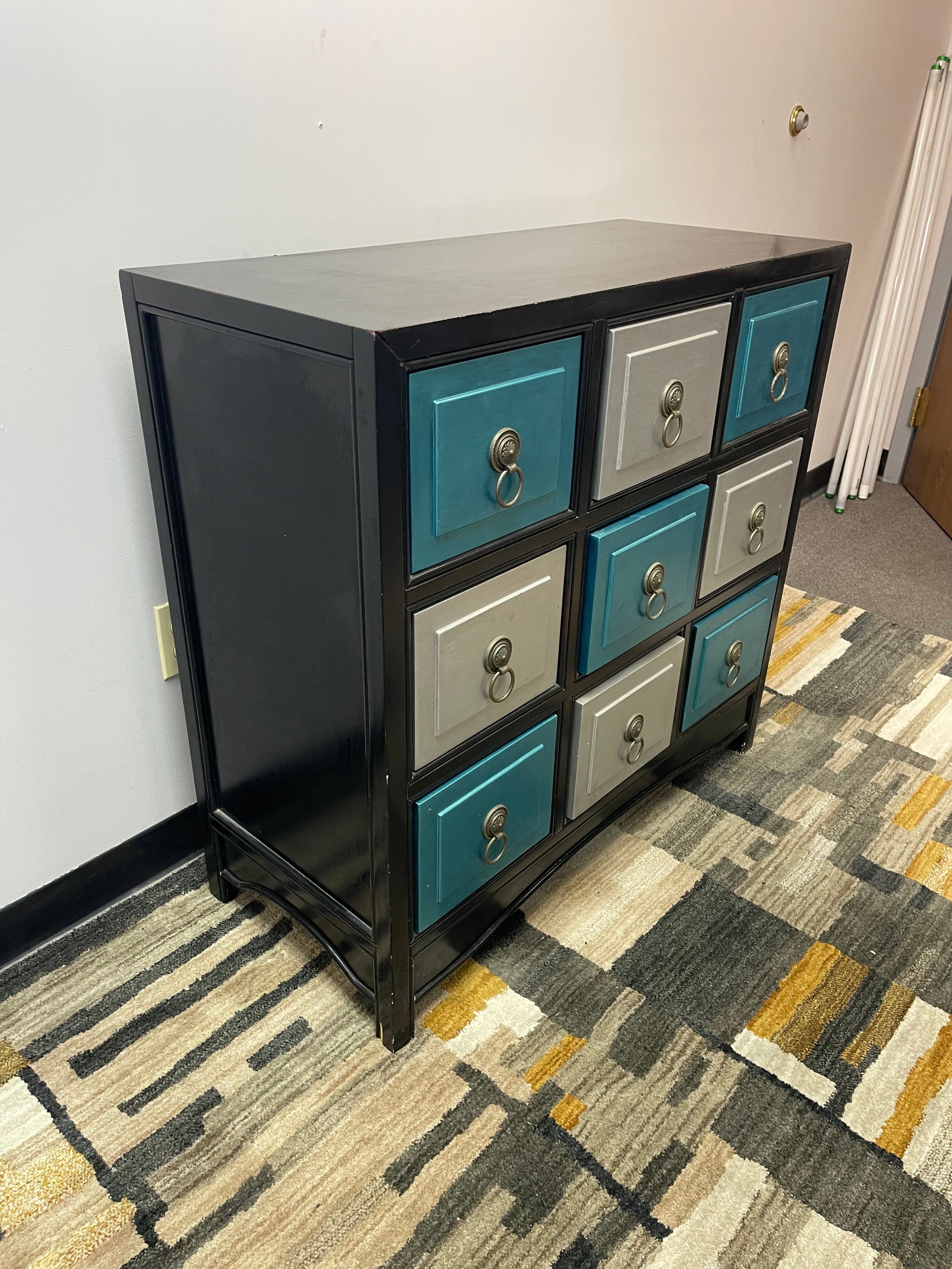 Black Apothecary-Style 9-Drawer Accent Chest in Teal and Silver