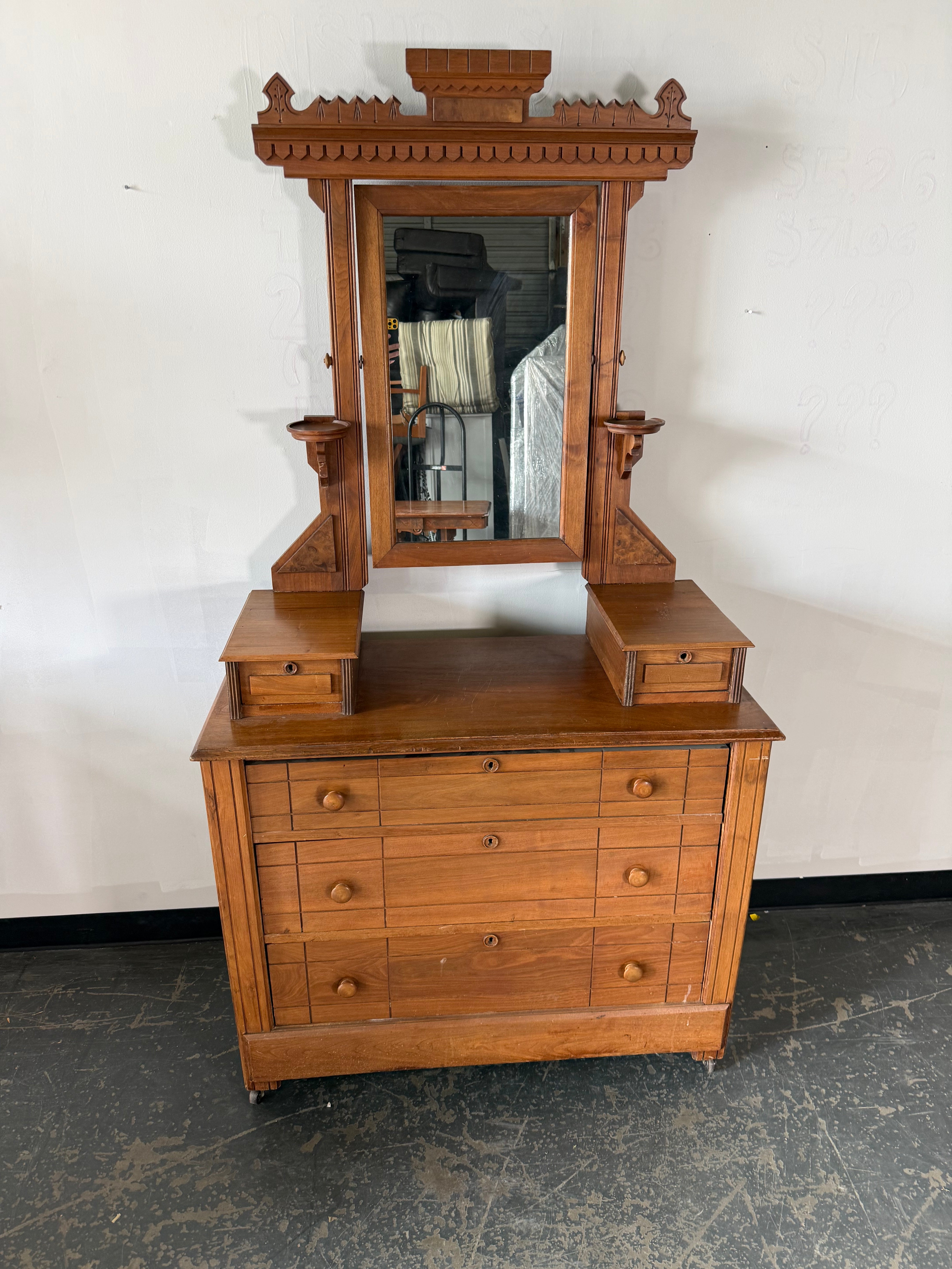 Ornate Vintage Dresser with Mirror Hutch