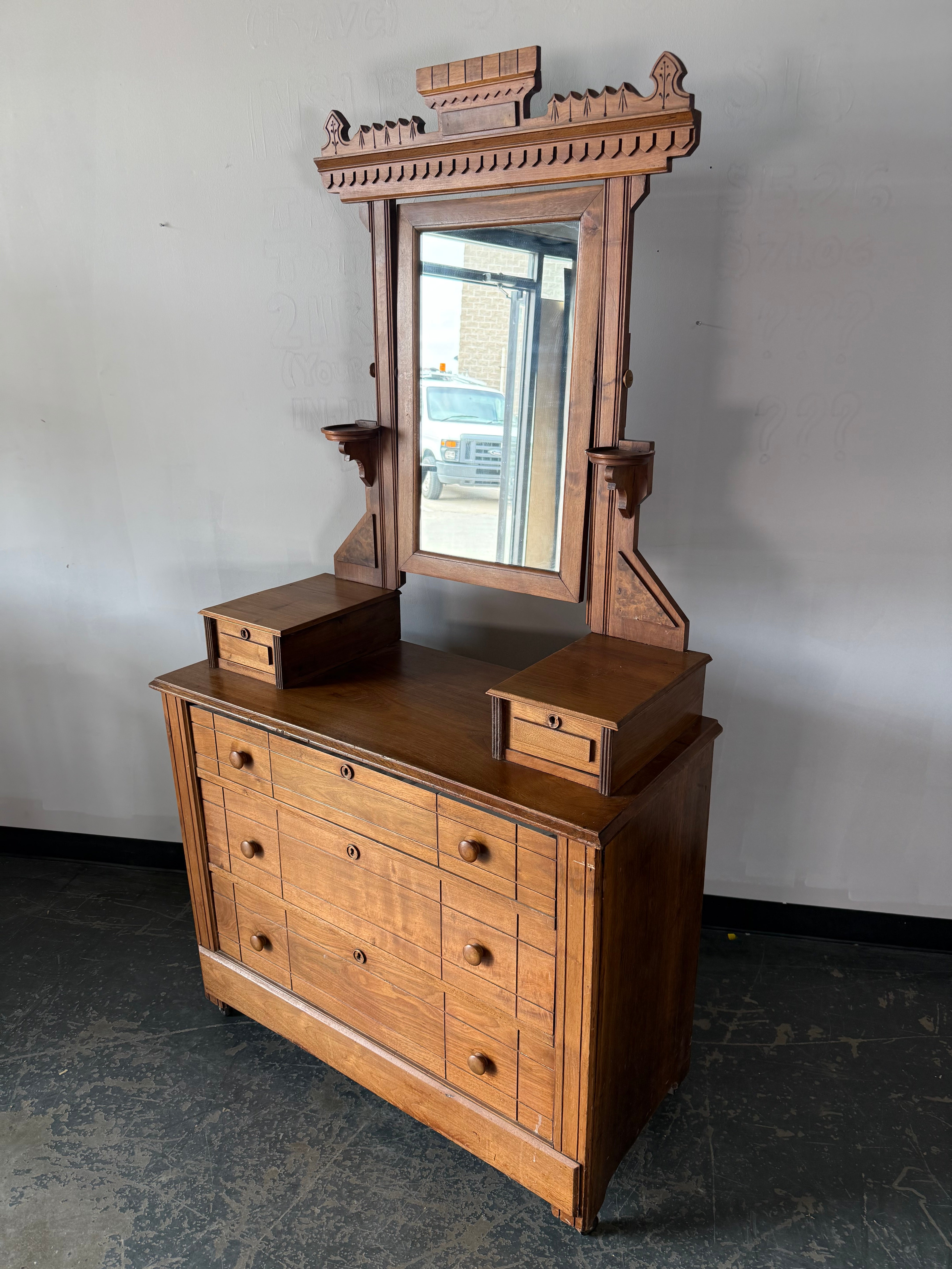 Ornate Vintage Dresser with Mirror Hutch