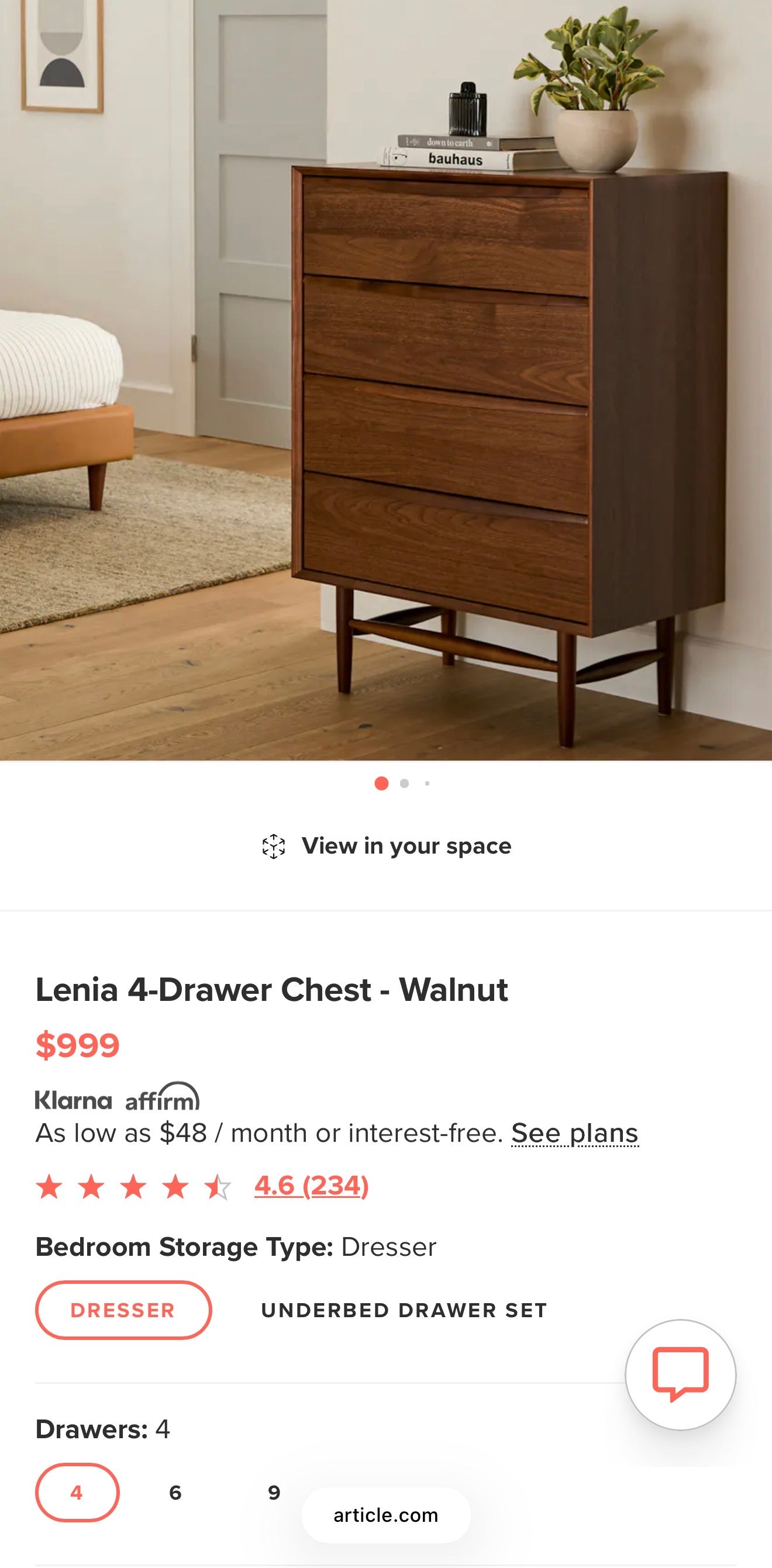 Article Lenia Walnut 4-Drawer Chest – Mid-Century Modern Style