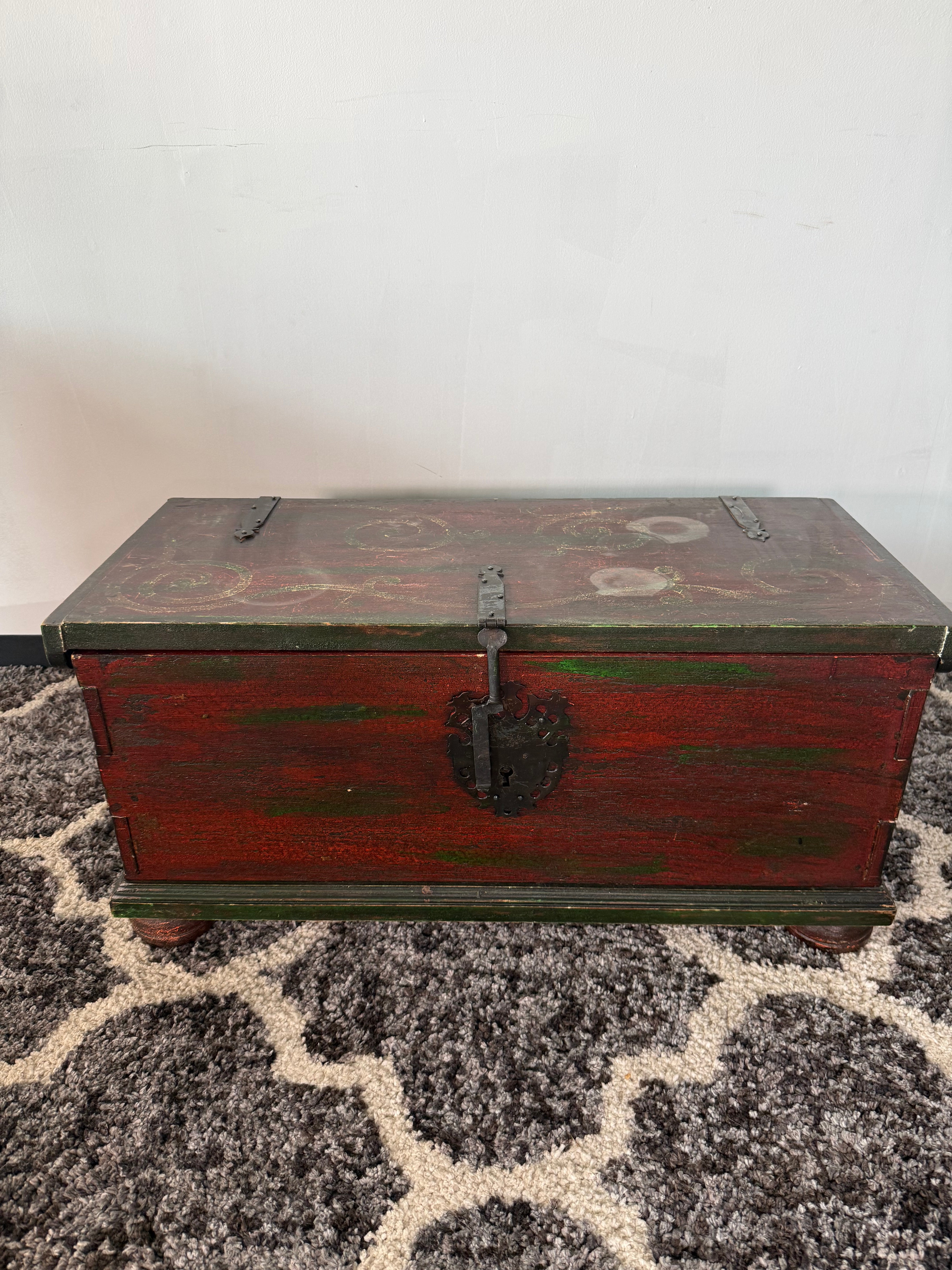 Antique-Style Painted Wood Storage Trunk