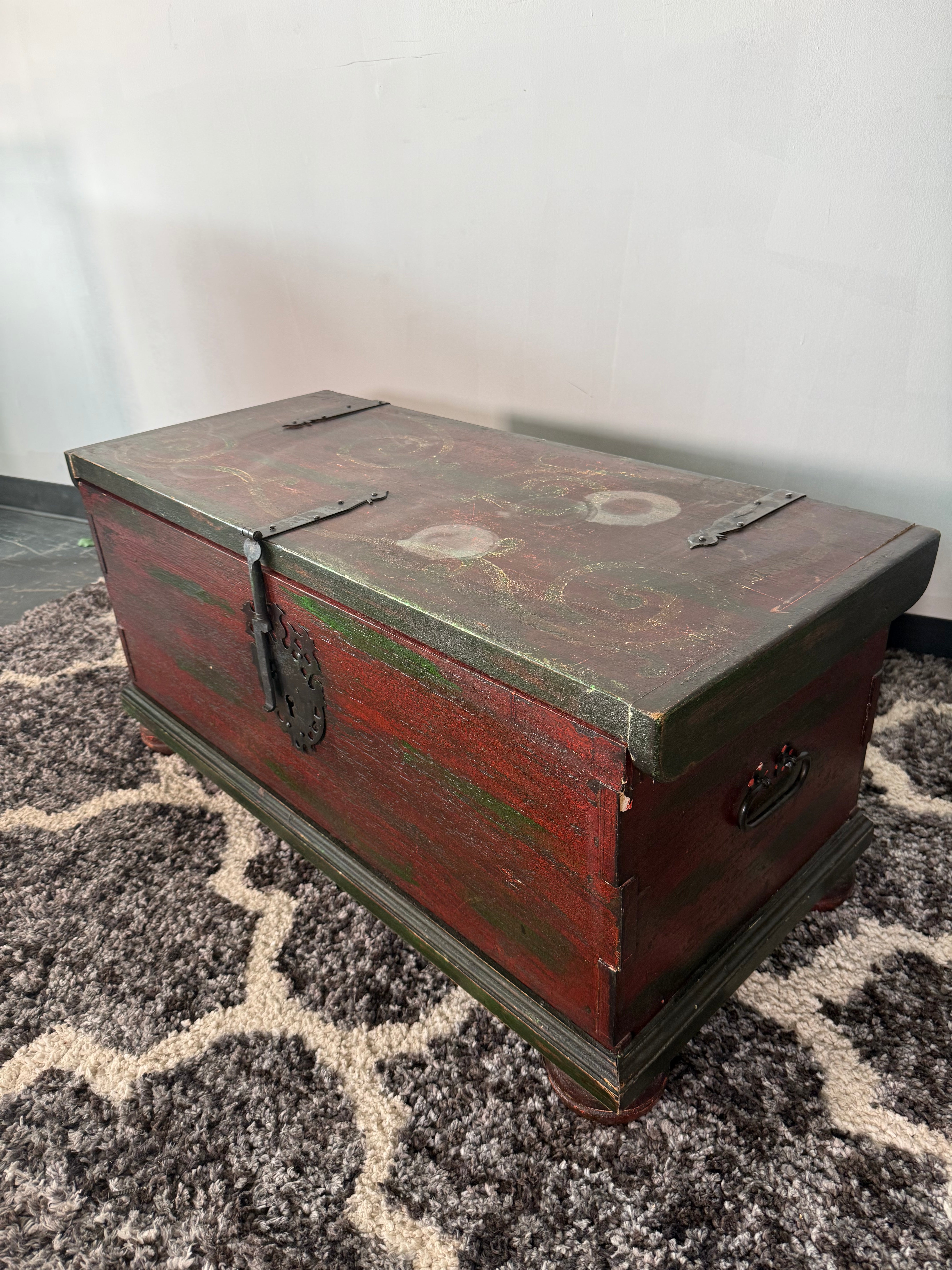 Antique-Style Painted Wood Storage Trunk