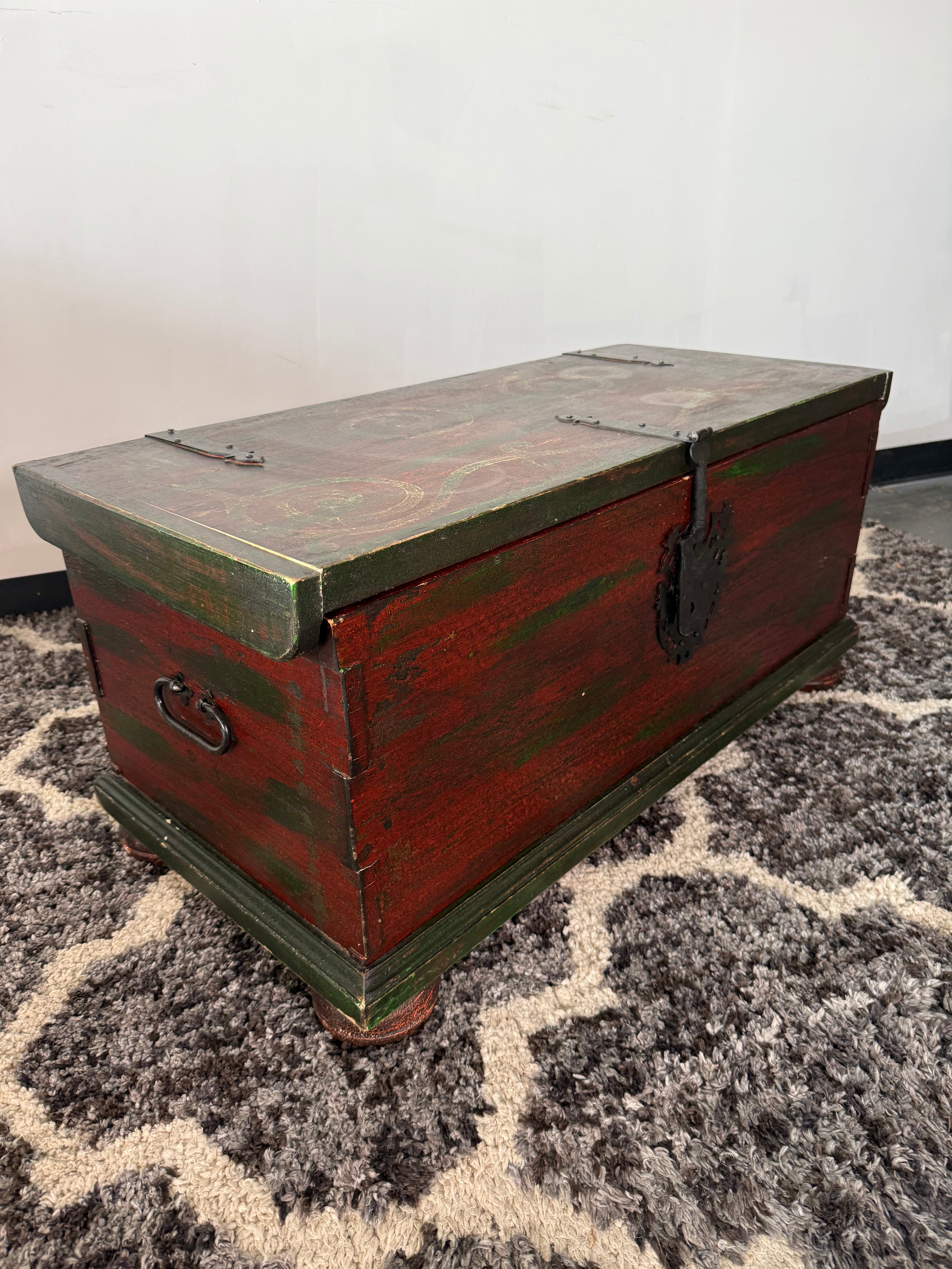 Antique-Style Painted Wood Storage Trunk