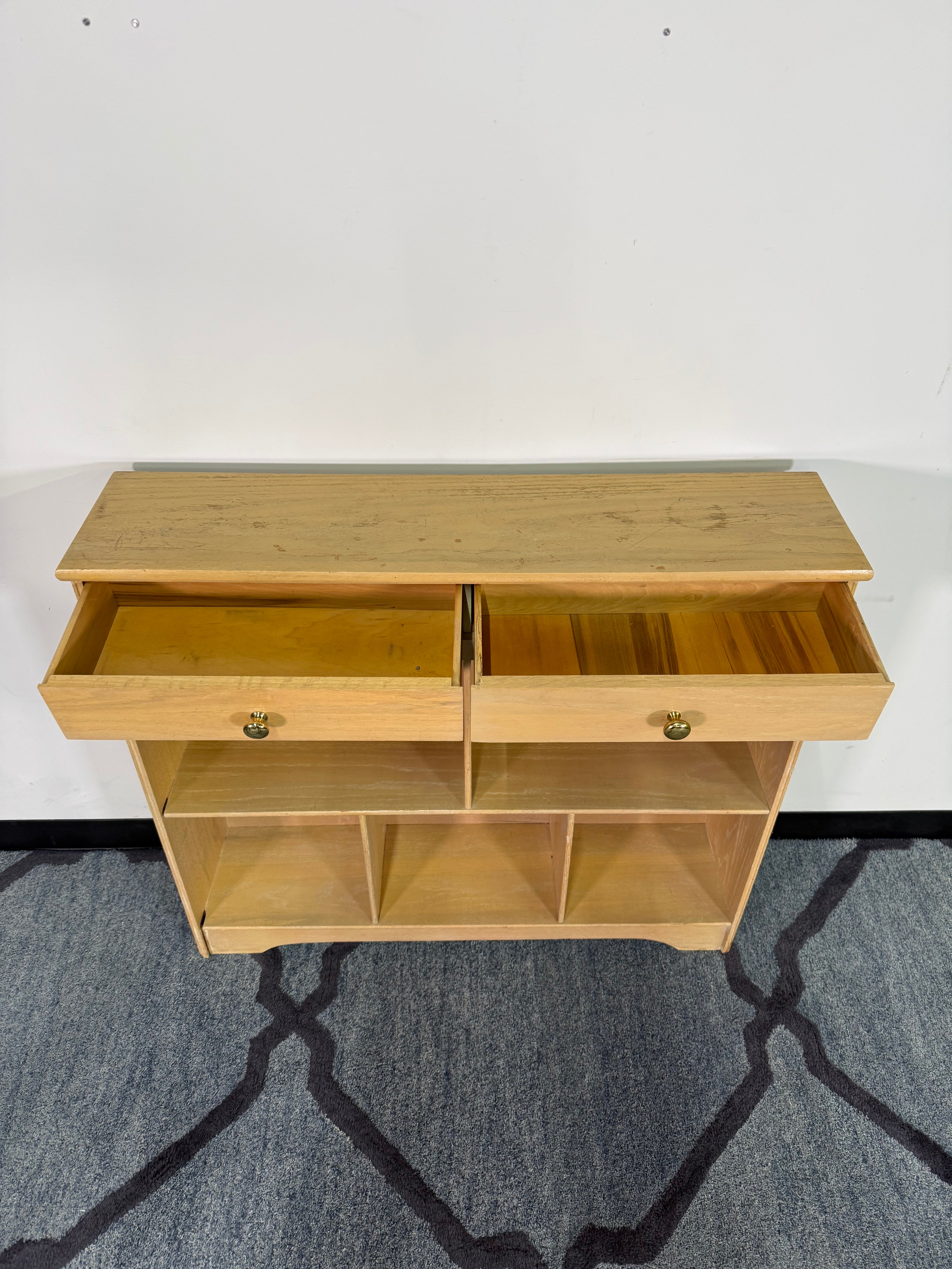 Vintage Blonde Wood Entryway Table with Cubby Storage
