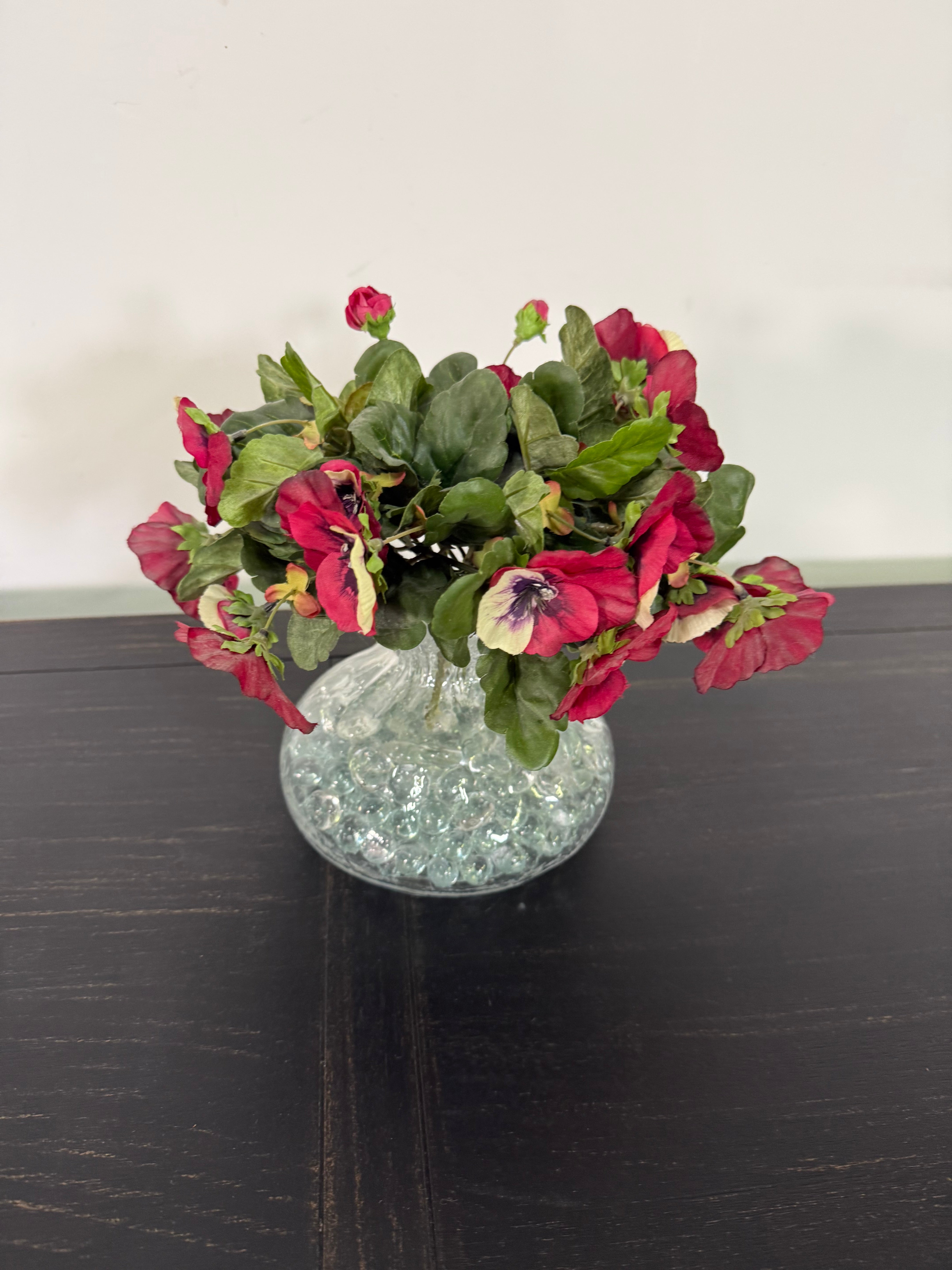 Faux Pansy Arrangement in Glass Vase