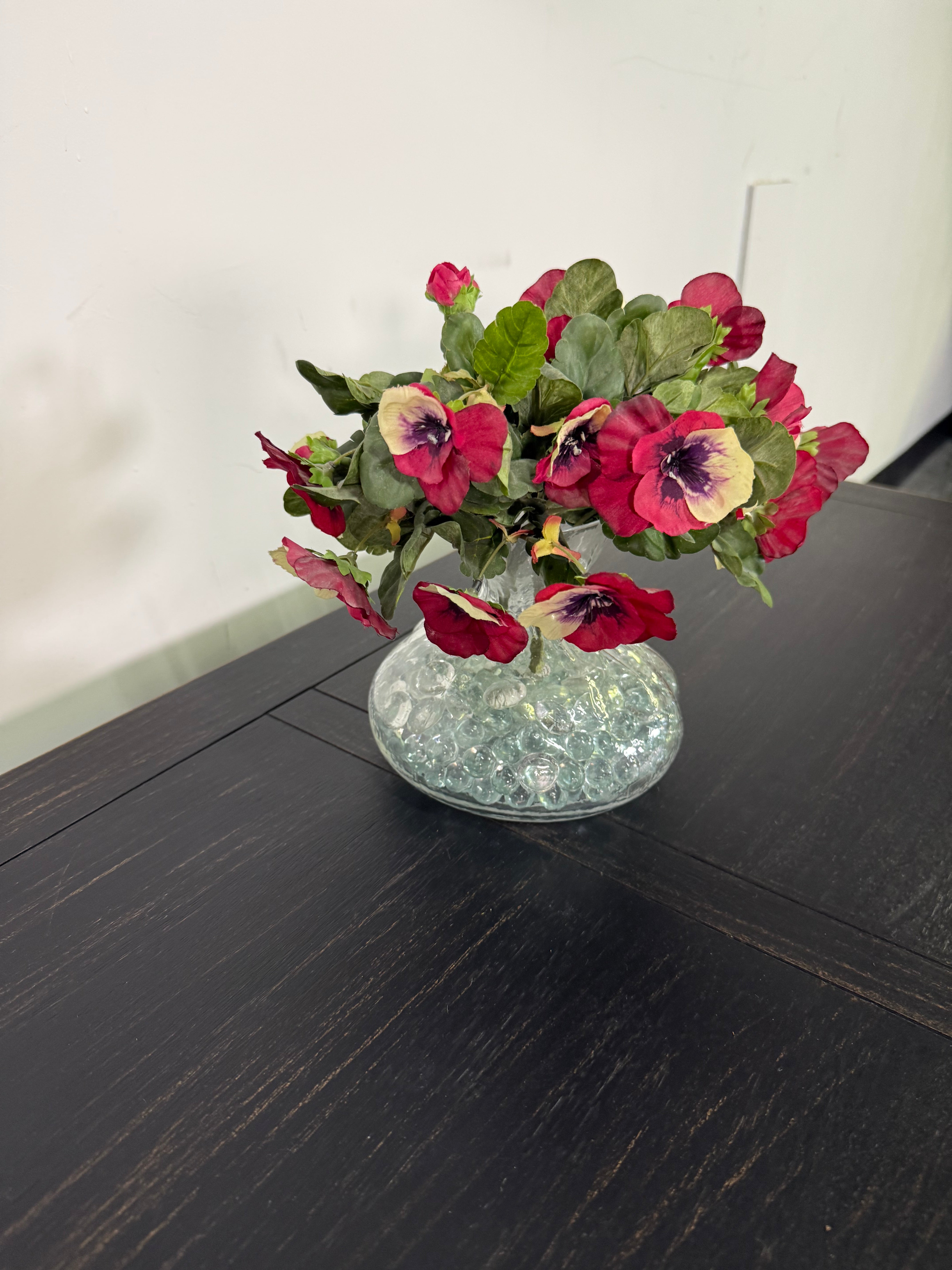 Faux Pansy Arrangement in Glass Vase