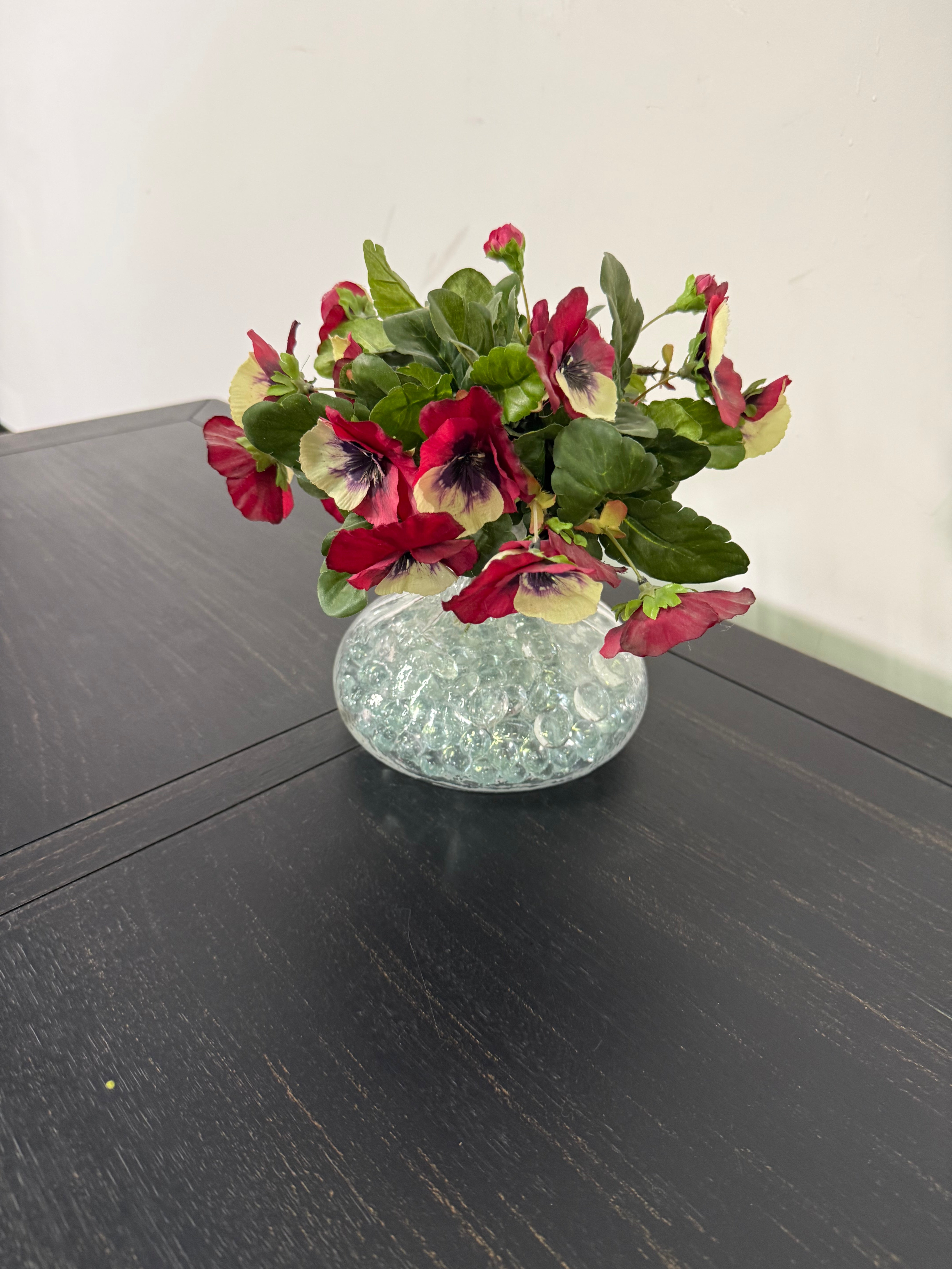 Faux Pansy Arrangement in Glass Vase