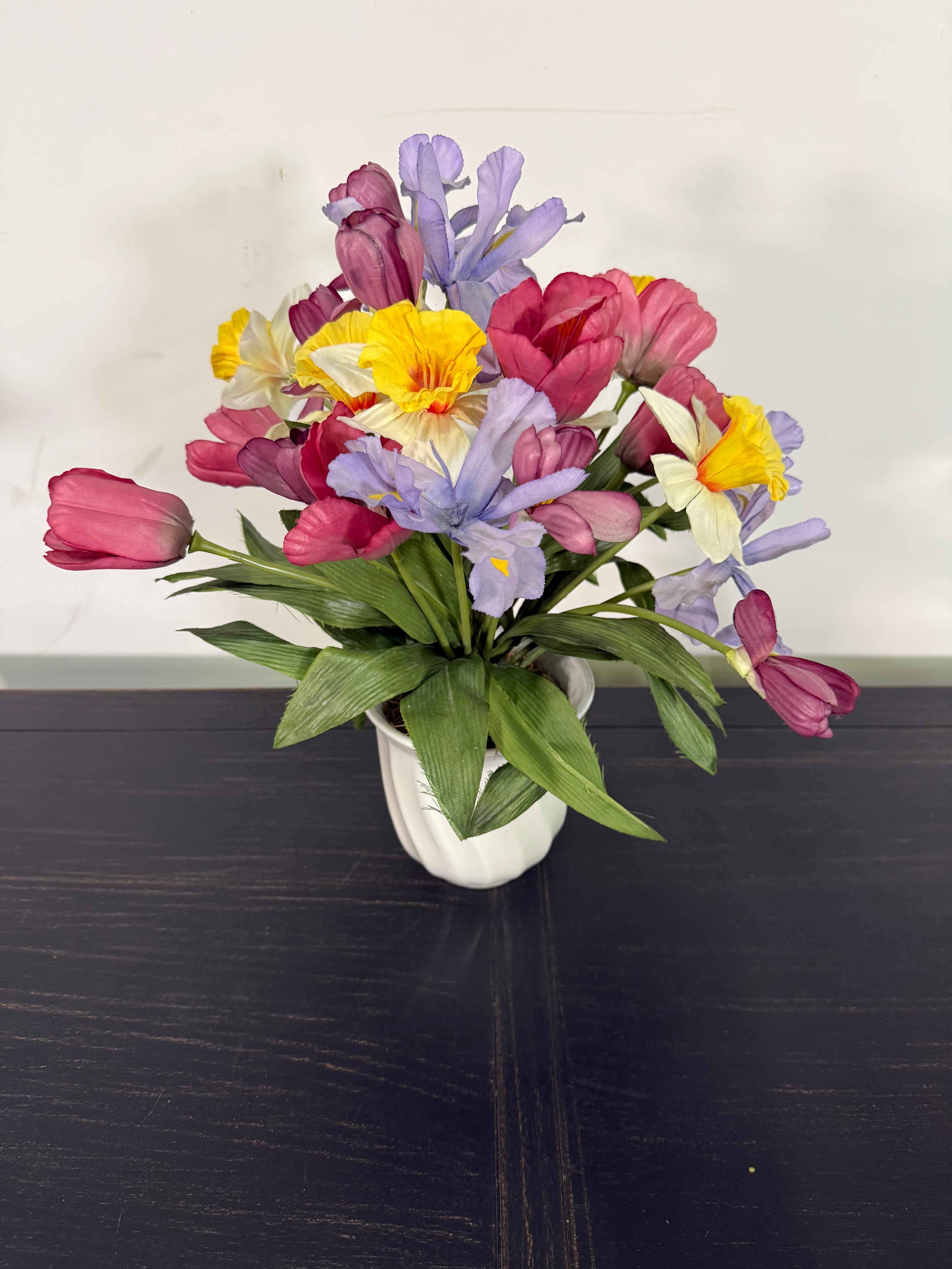 Faux Spring Flower Arrangement in Ceramic Pot