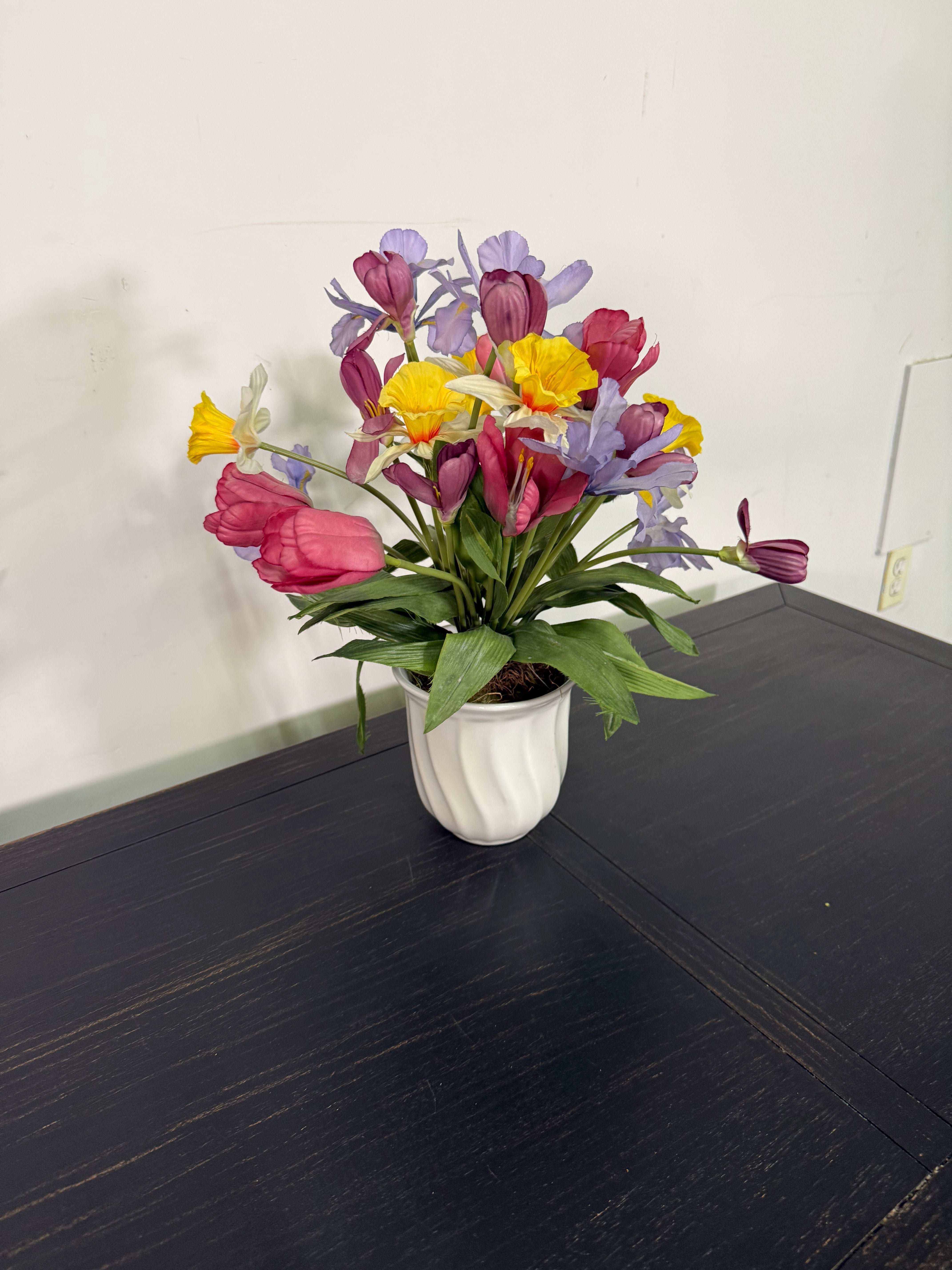 Faux Spring Flower Arrangement in Ceramic Pot