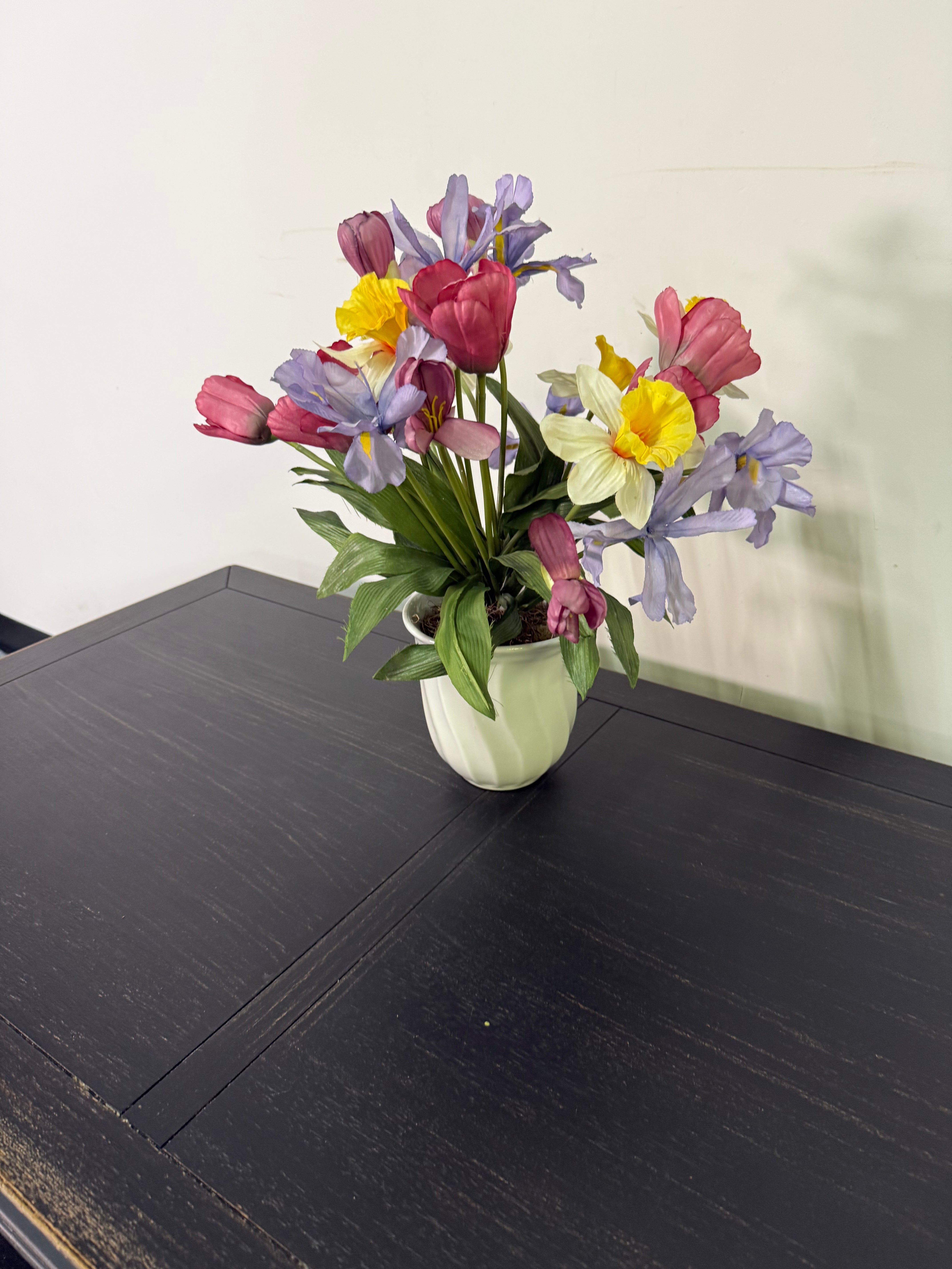 Faux Spring Flower Arrangement in Ceramic Pot