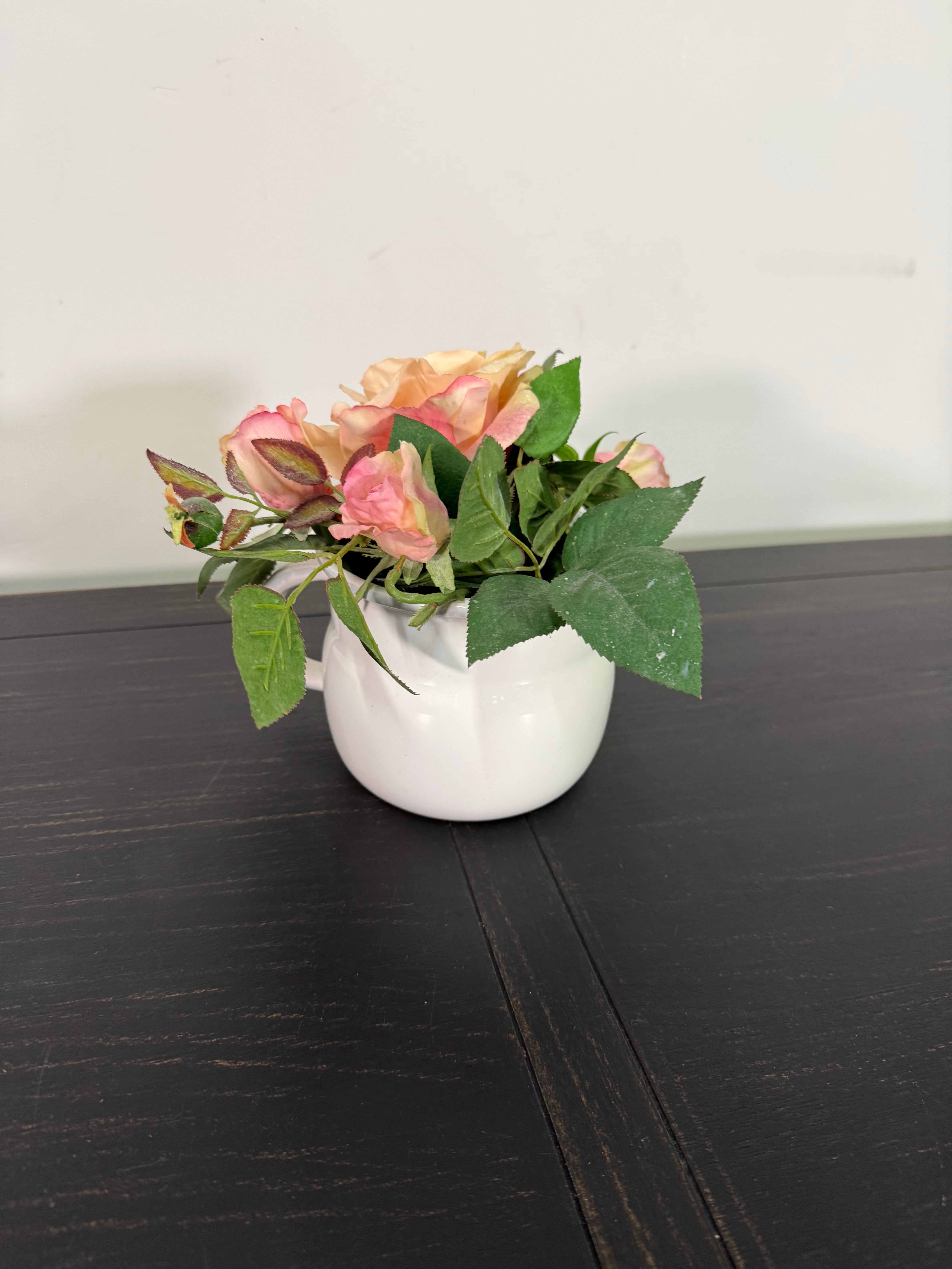 Faux Peach Rose Arrangement in White Pitcher