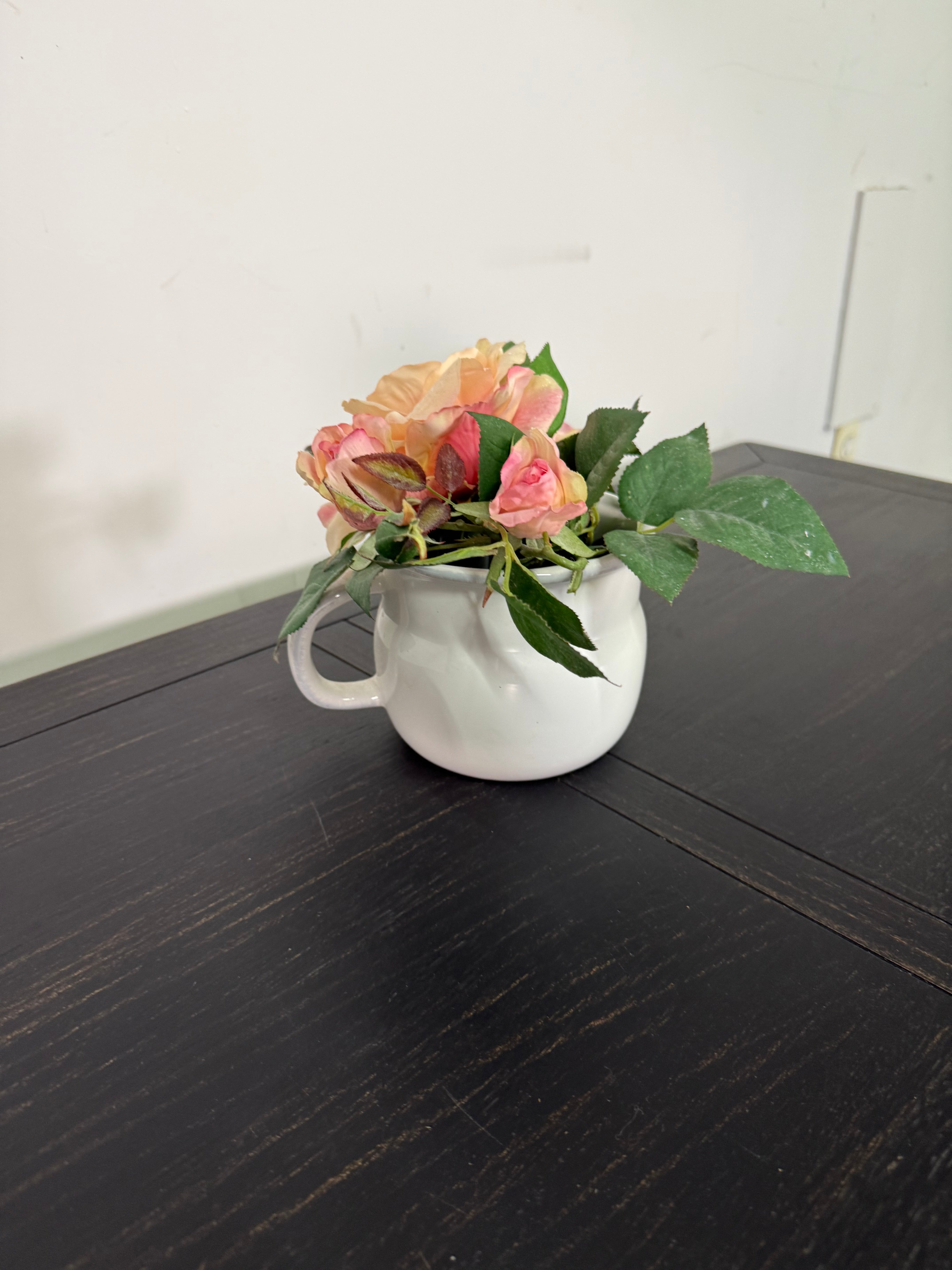 Faux Peach Rose Arrangement in White Pitcher